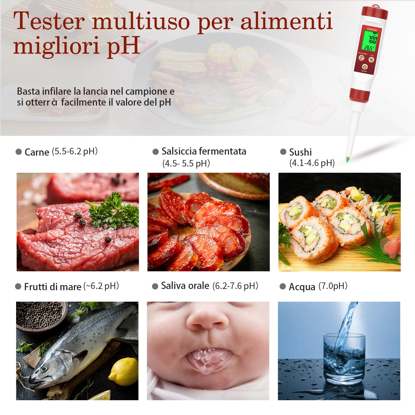 Tester di pH per alimenti GIDIGI, sonda di pH per pasta madre e pane, misuratore di pH professionale per fermentazione, formaggio, carne, inscatolamento, sonda di pH a lancia per semisolidi, acqua