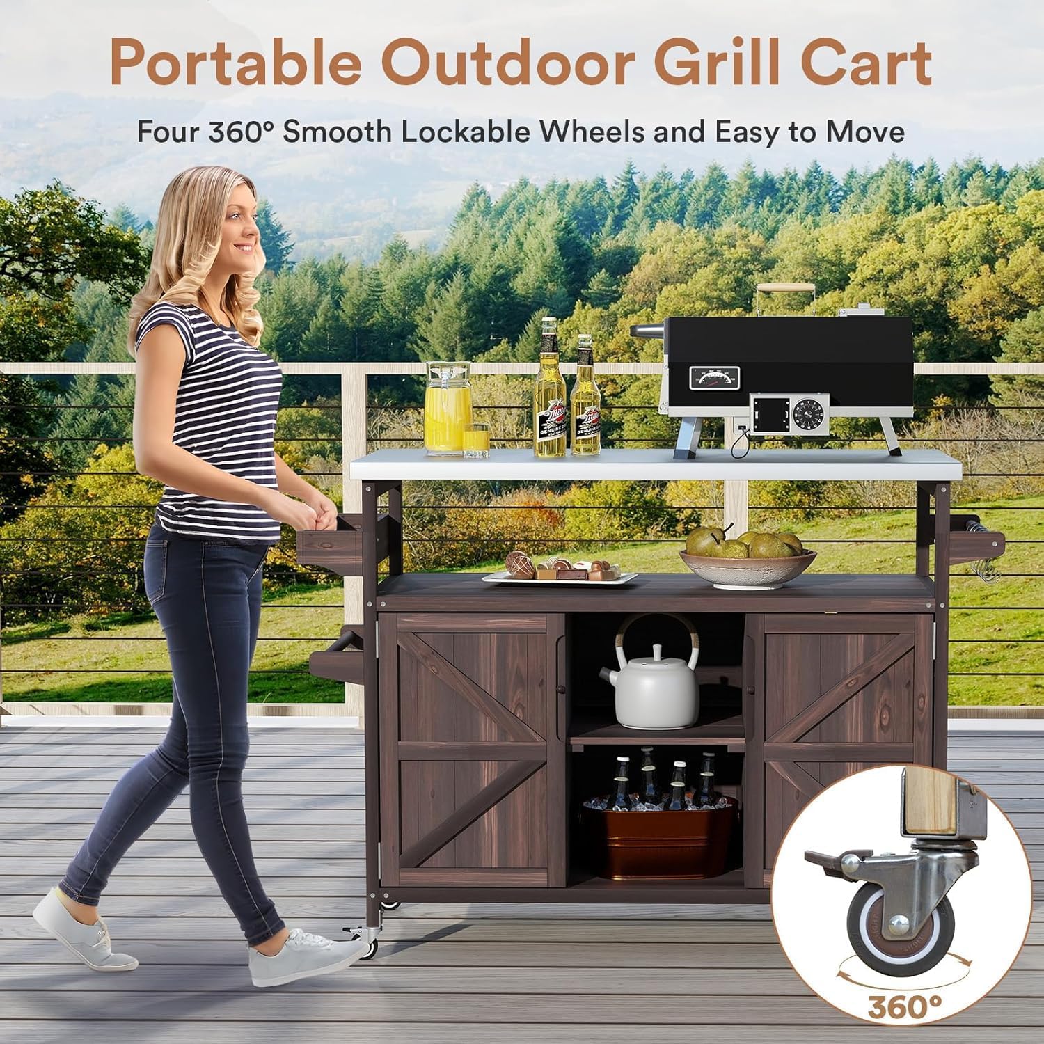 Outdoor Cabinet for Patio Graden BBQ Grill Cart with Storage Cabinet, Home Rolling Kitchen Island Food Prep Table with Stainless Steel Top, Shelves, Spice Rack, Towel Rack(Dark Brown)