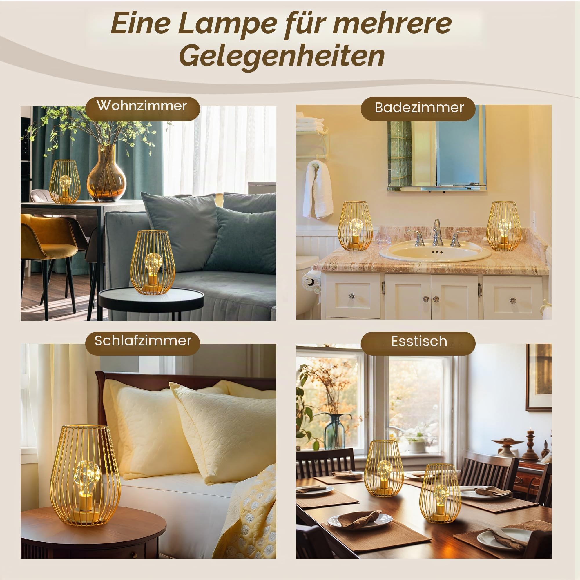 TRIROCKS Kabellose Tischlampe aus Metall 20 cm Hoch 2er-Set Käfigförmige Batteriebetriebene Lampe mit Lichterkette Glühbirne für den Innen Außenbereich für Weihnachten Garten und Hochzeiten (Gold)