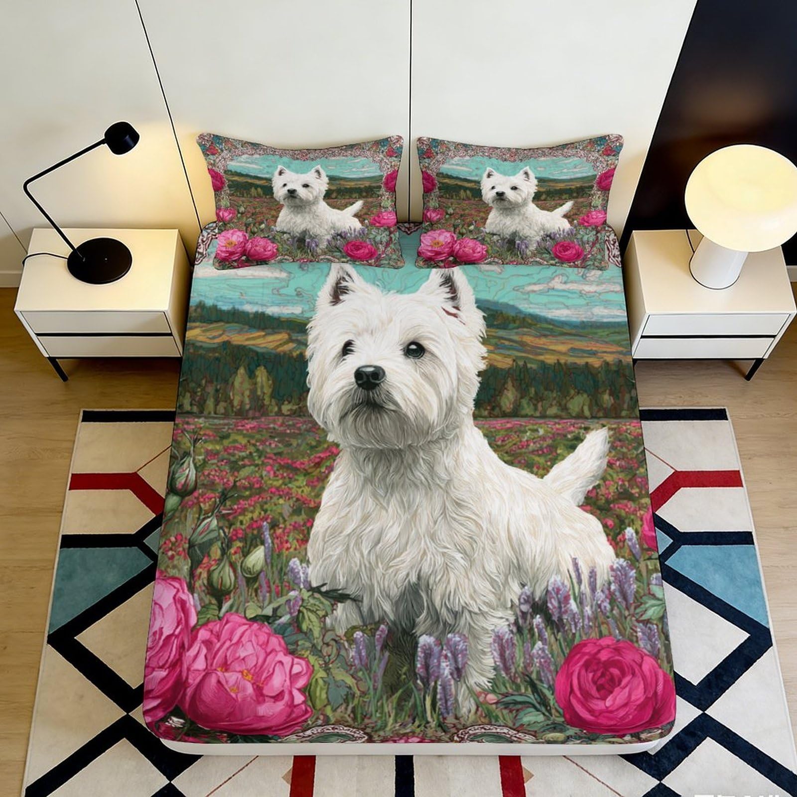 3D Printed Westie Dog Fitted Sheet Microfiber Floral Landscape Bed Cover for Bedroom Guest Room Decor Easy Care 90x200x25cm