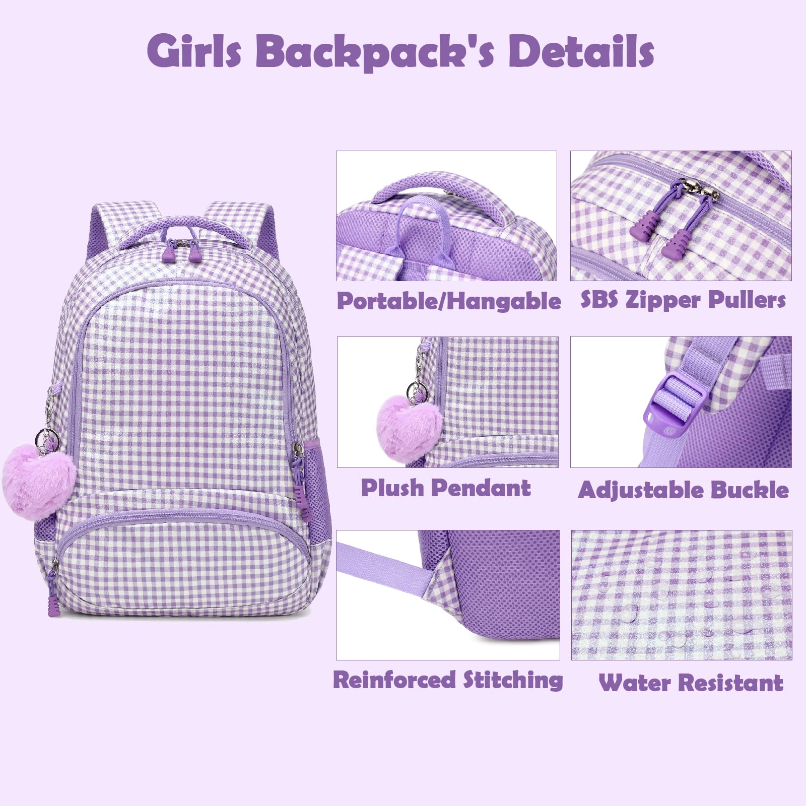Zaino per ragazze a scacchi glitterati, 3 in 1, a scacchi, viola, con borsa per il pranzo, astuccio e cinturino toracico, per scuola materna e elementare