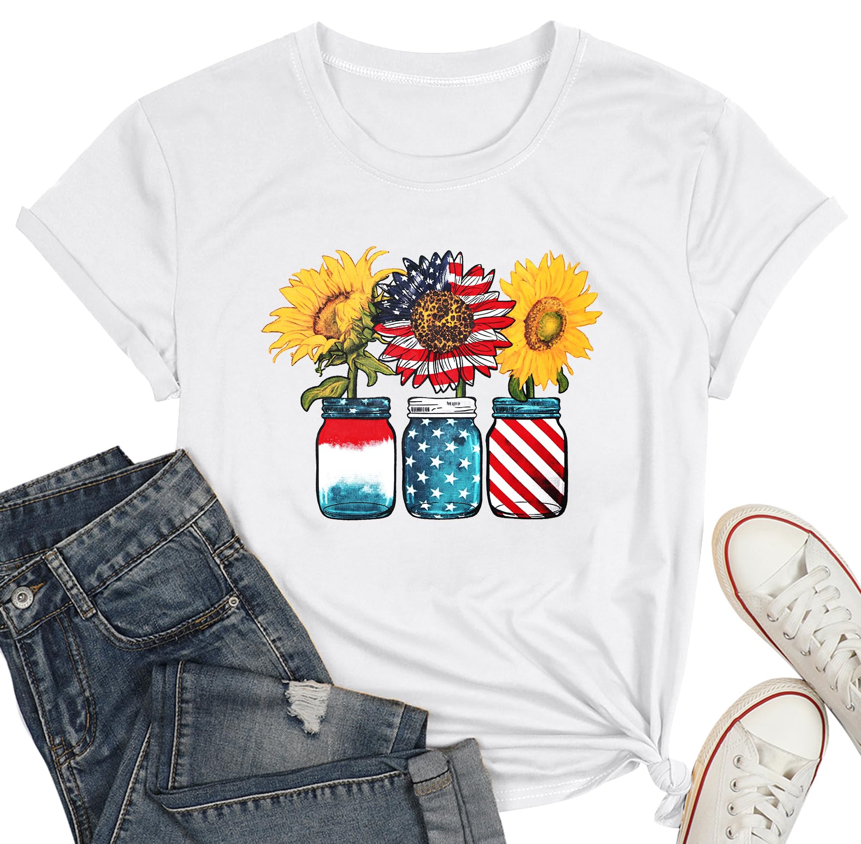 WEITUN 4th of July Gnomes Shirt for Womens Funny Patriotic Graphic Tee Shirt USA Flag Stars Stripes Tee Tops