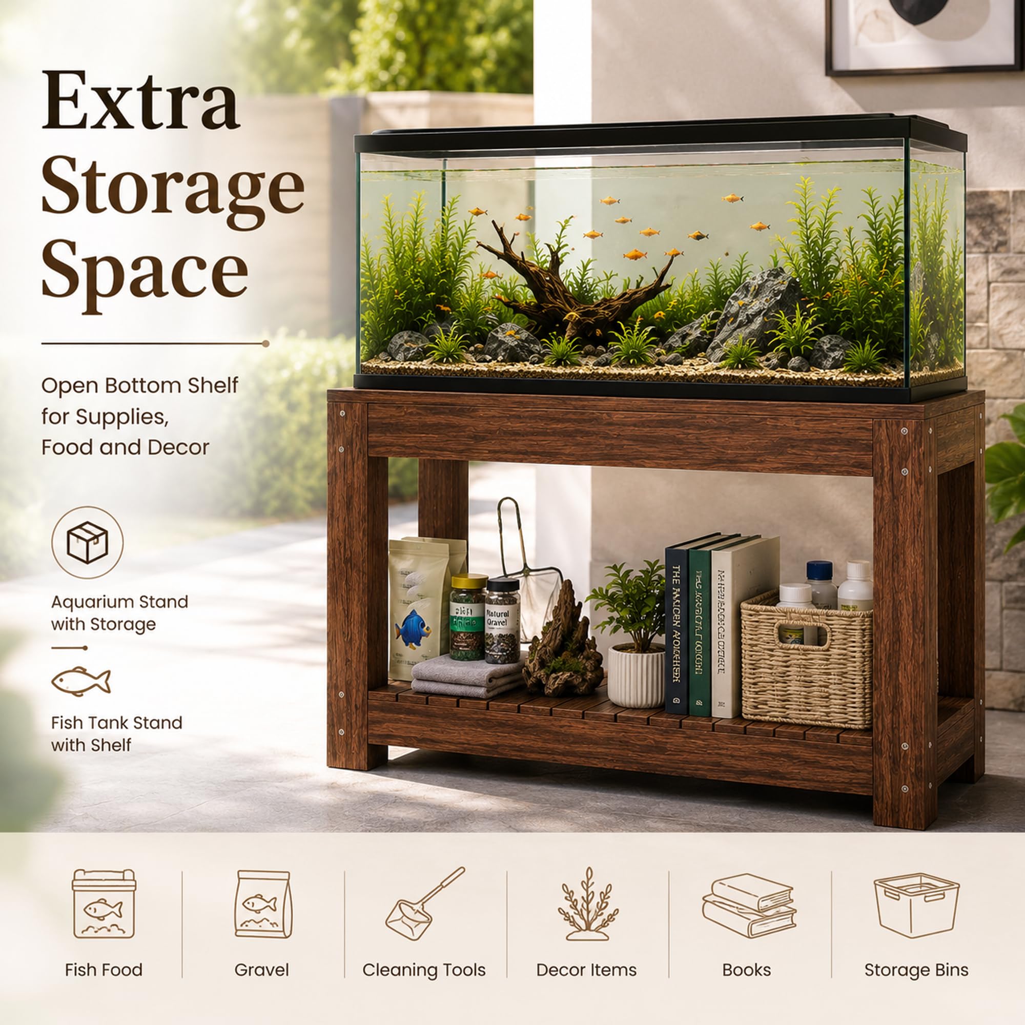 Supporto per Acquario con Ripiano, Portata 500 kg, Legno Massello | Mobile Robusto per Acquari, Terrari e Recinti per Rettili(Carbonized color,70×35cm / 27.6×13.8in)