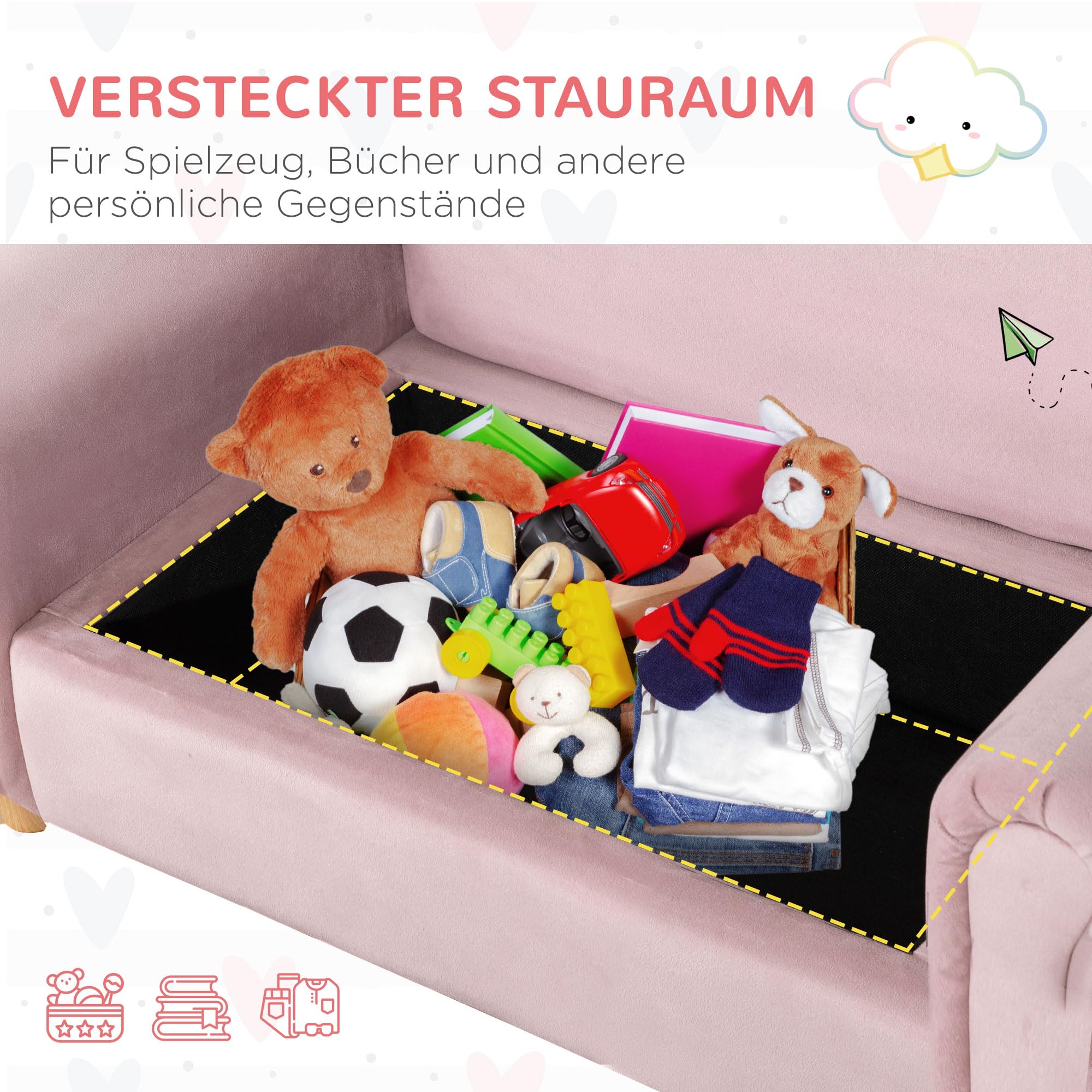 HOMCOM Kindersofa Kindersessel mit Stauraum Armlehne 2-Sitzer Kindercouch Liegecouch Relaxsessel Kinder Sofa für 3-5 Jahre Jungen und Mädchen Rosa