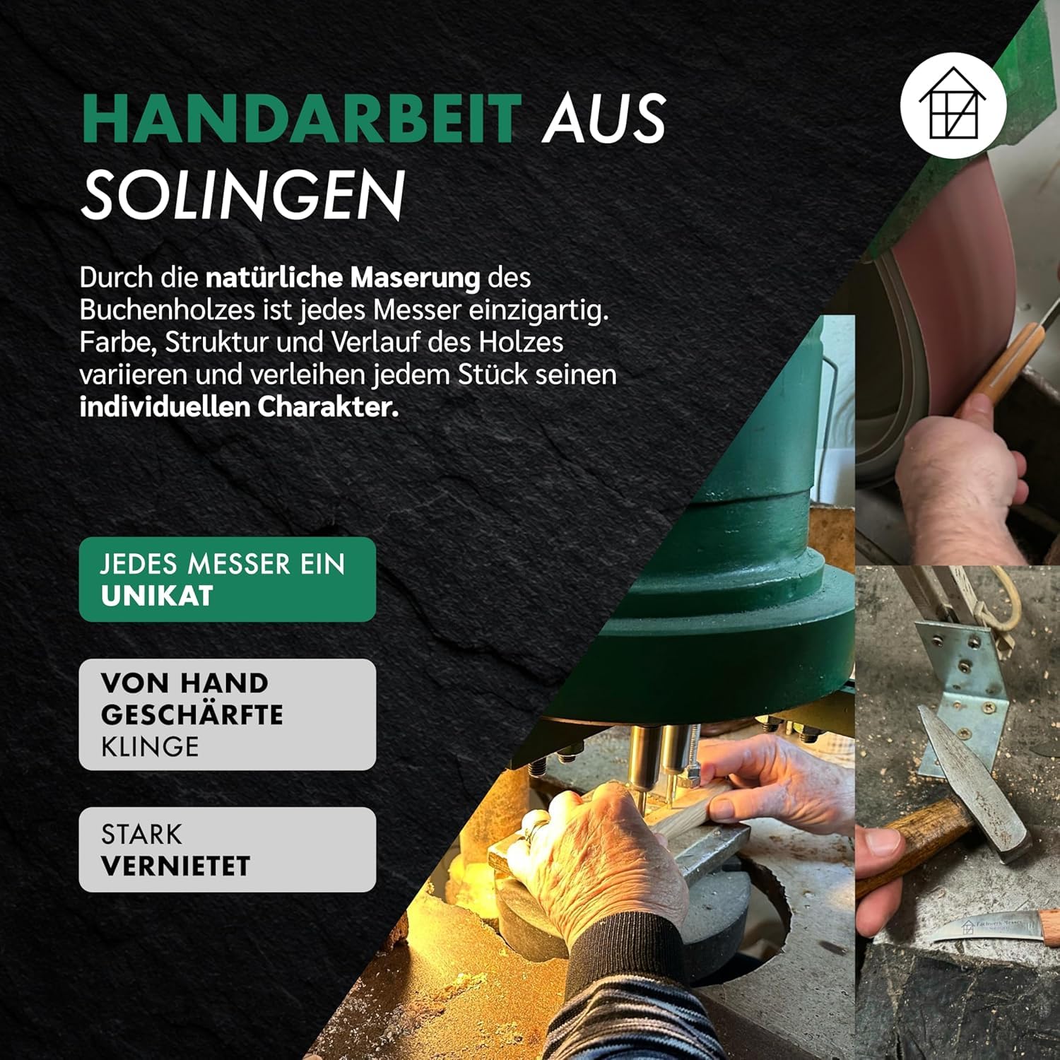 Buckelsmesser 6er-Set mit Handabzug/Glatt - Testsieger - Frühstücksmesser aus Solingen/Germany - Brötchenmesser/Brotzeitmesser Buchenholz
