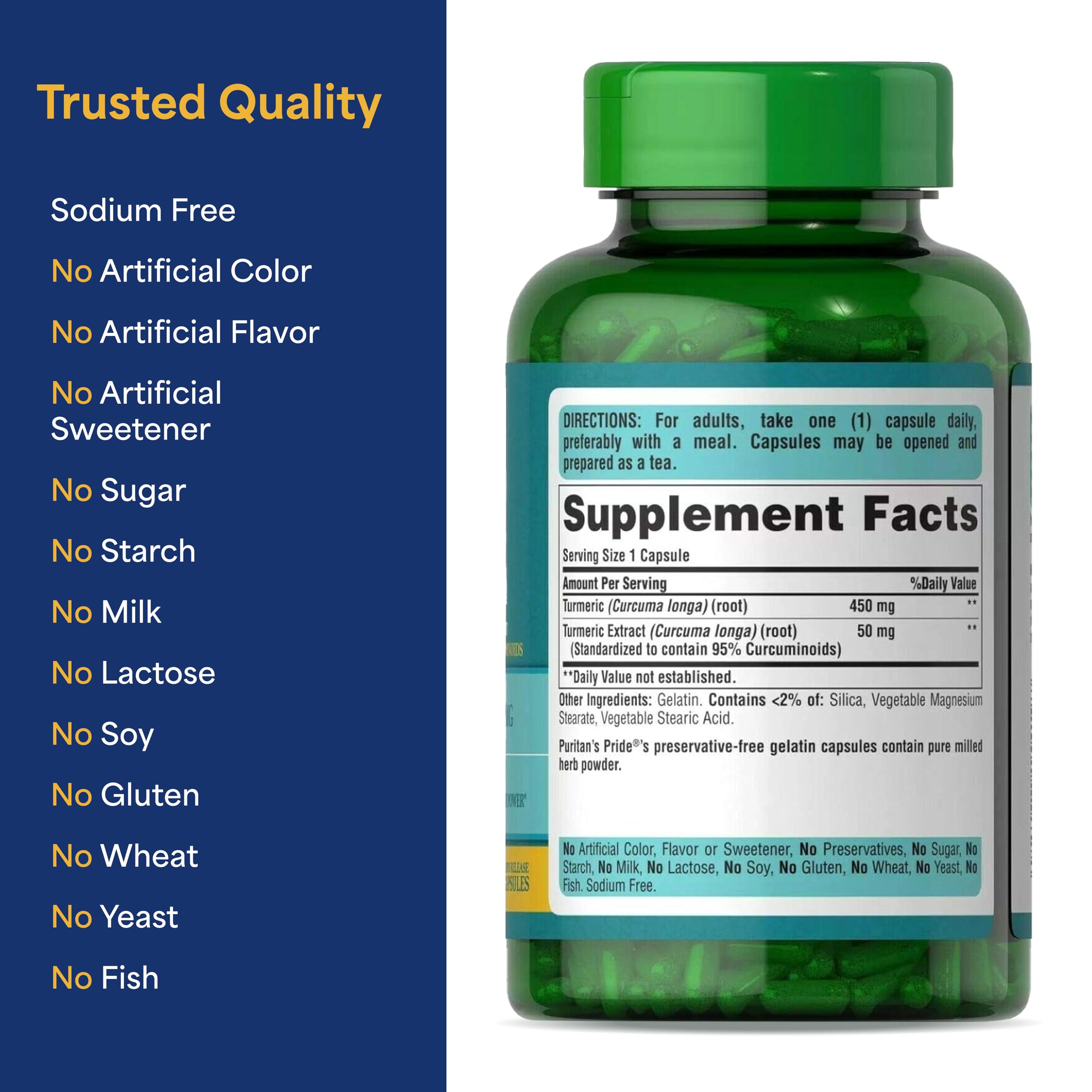 Puritan's Pride Turmeric Curcumin 500mg, Standarized to 95% Cucuminoids, Herbal Dietary Supplement for Antioxidant Health, 180 Radpid Release Capsules
