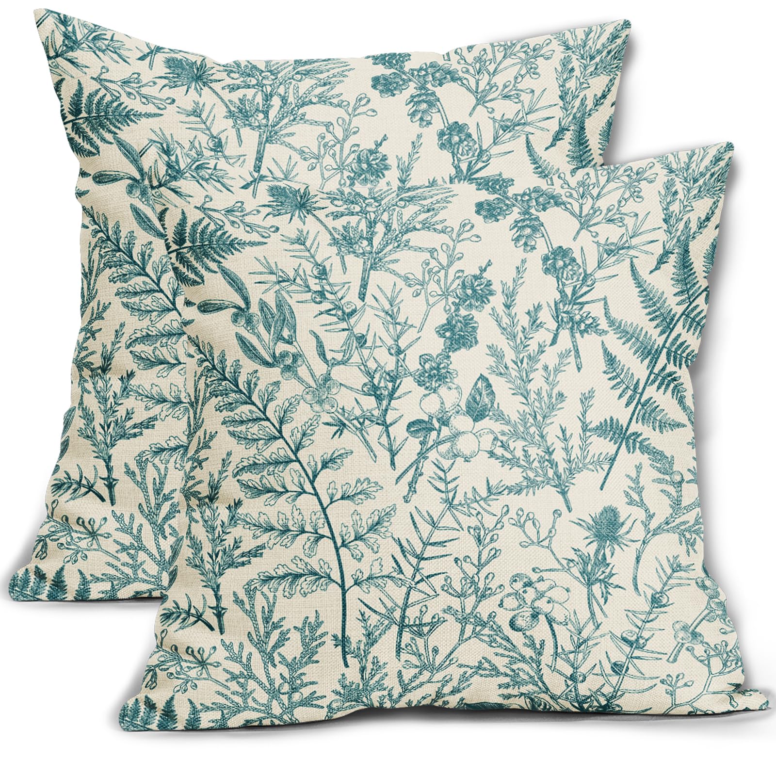 sorfbliss Teal Floral Pillow Covers 18x18 Set of 2 Botanical Print Vintage Spring Flower Plant Cream Decorative Throw Pillow Cases Outdoor Farmhouse