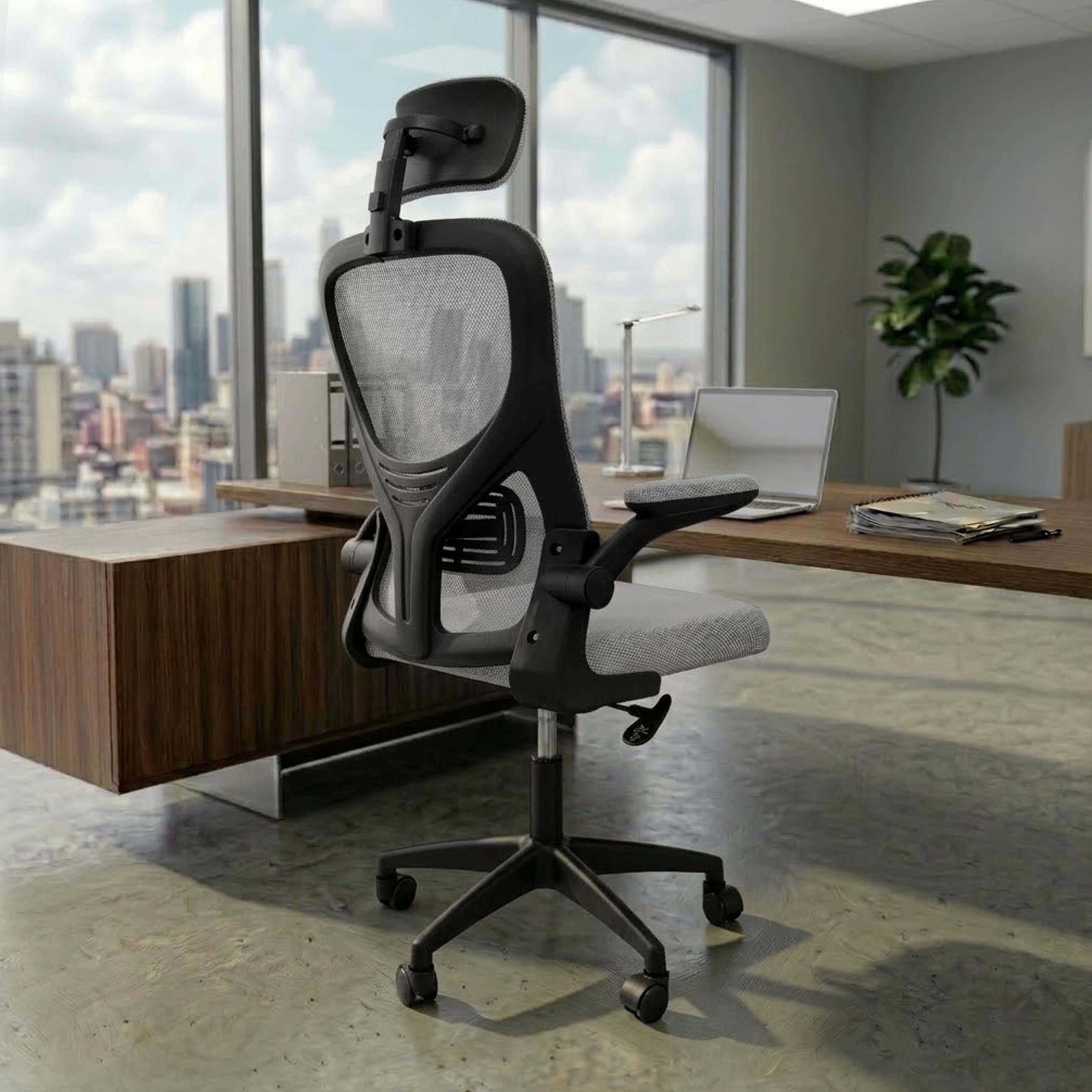 NORMAN JR Grey Black | High Back Imported Mesh Fabric Boss Office Chair | Y Design Ergonomic Back Support | 2D Aero Design Adjustable Armrests | Synchro Tilt Lock Mechanism Support