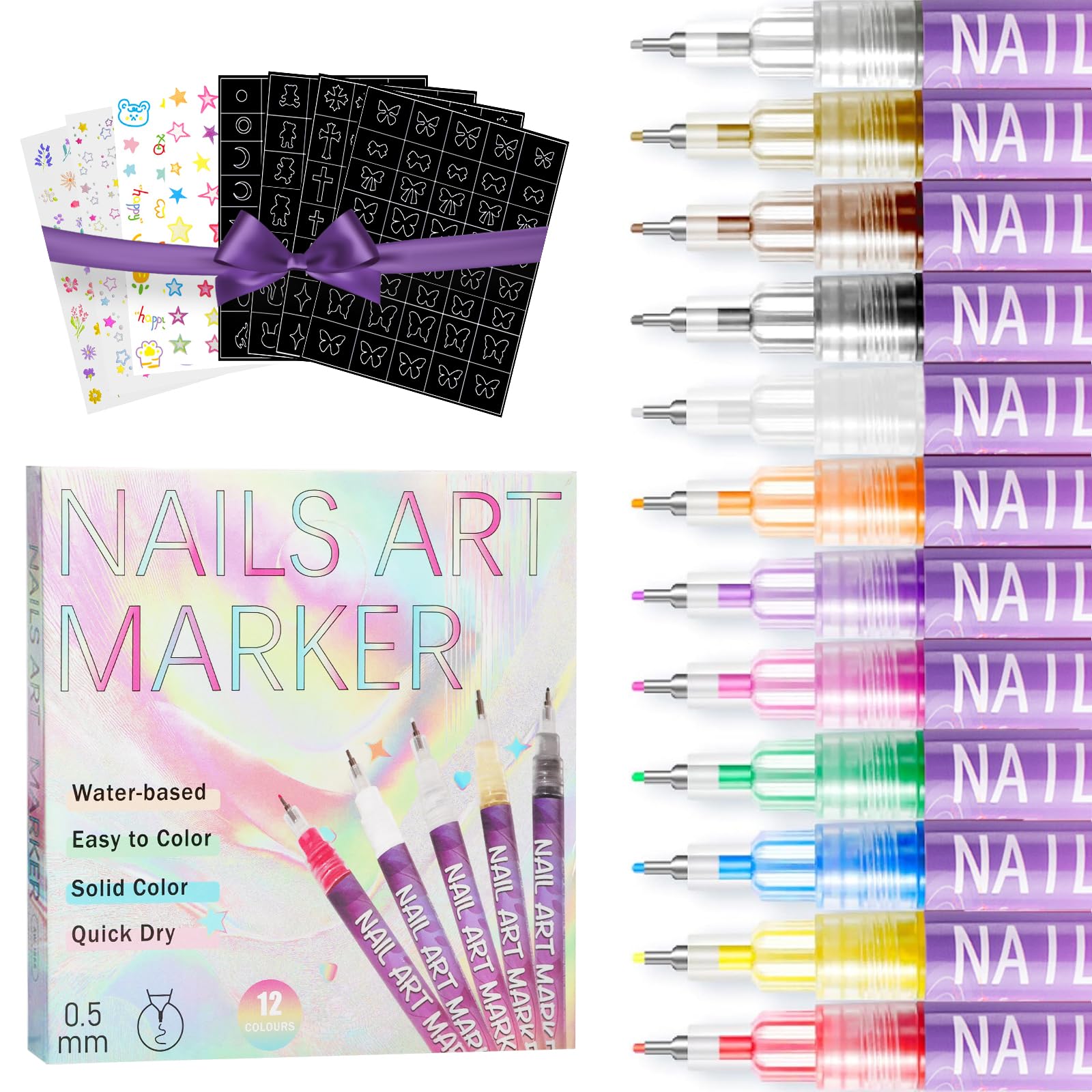 12 Colors Nail Art Pens, 0.5MM Fine Tip Nail Art Markers, Quick-Drying 3D Nail Polish Pens for DIY Nail Art Design, Drawing Painting Dotting Liner Doodle Manicure Tools Home &amp; Salon