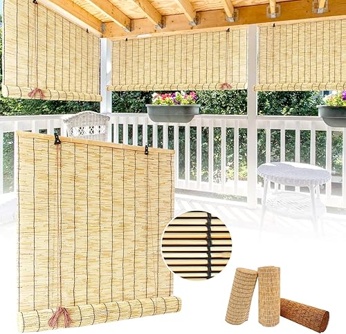 Persianas enrollables de bambú con levantador, protección solar, opacas, privacidad, transpirables, cortinas de junco natural para interiores y