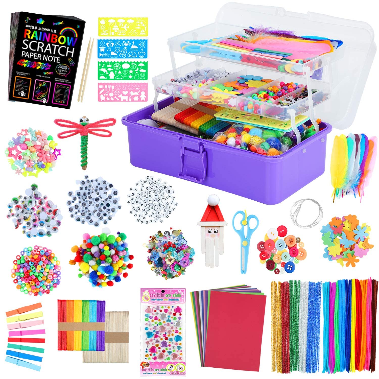 PYEBE Kids Arts and Crafts Supplies Set- Toddler 1600 Pcs DIY Craft Box Include 26 Pcs Rainbow Scratch Art Set, Craft Supplies & Materials, Folding Storage Box, All in One Craft Kit for Kids Gift