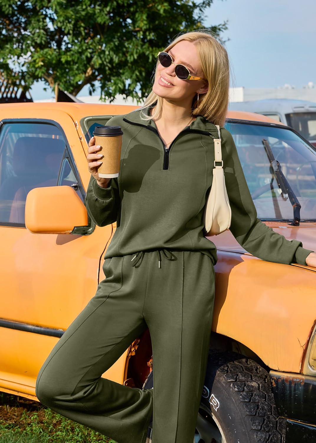 difficort Women's 2 Piece Outfits Sweatsuit Casual Lapel Half Zip Sweatshirts Straight Leg Pants Tracksuit Travel Lounge Set - Image 2