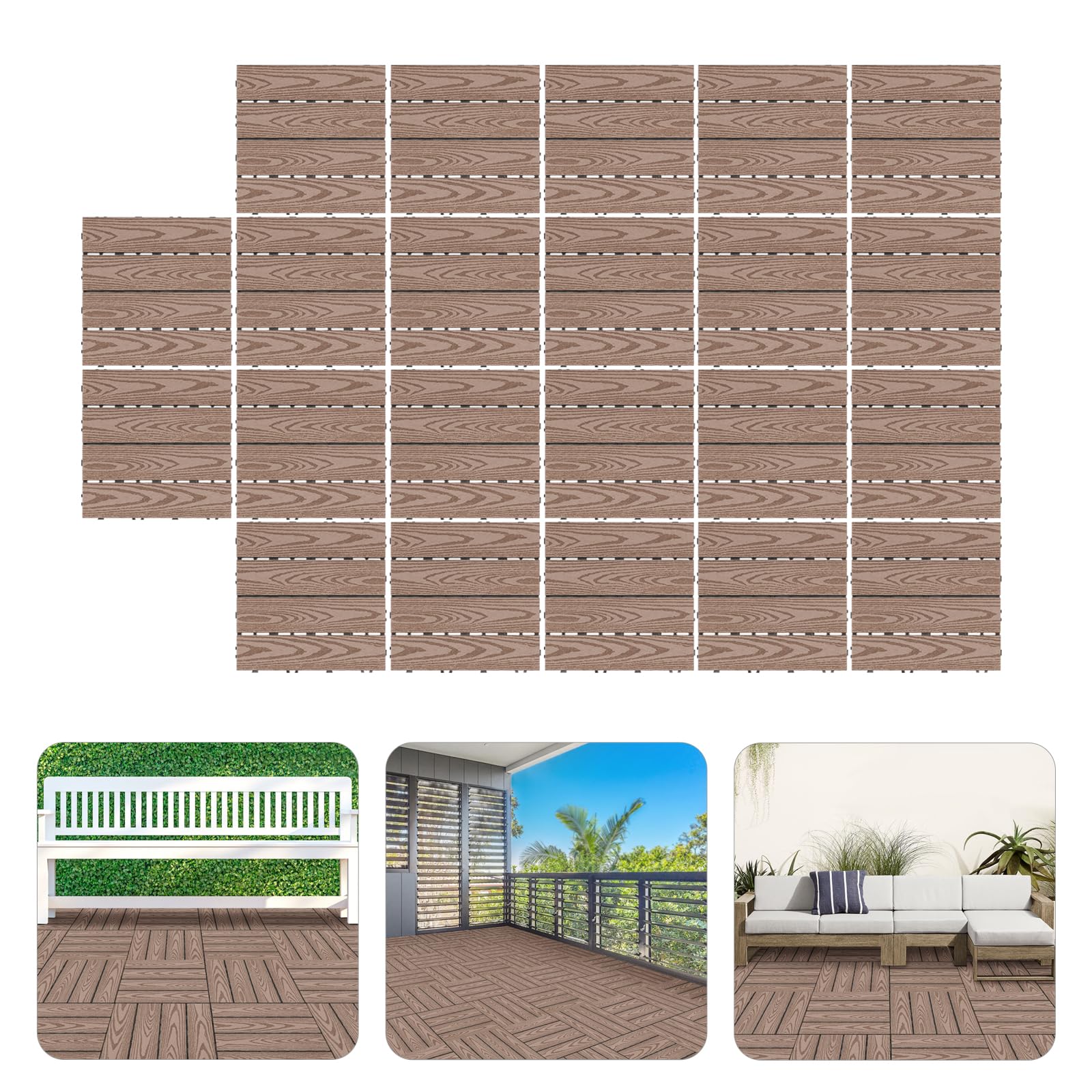 22 unidades de tableros de terraza de WPC de madera y plástico, pisos de balcón, baldosas, pisos con función de drenaje, suelo exterior para patio, balcón, jardín, terrazas, cuadrado, color café, 30 x