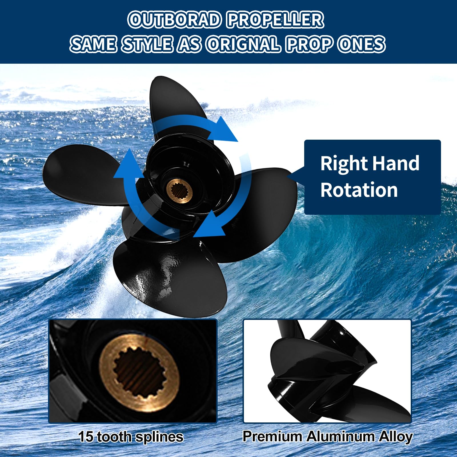 Yamaha-Außenbord-Propeller aus Aluminium, kompatibel mit Yamaha-Motoren 150/175/200/220/225/250/300HP F150 F175 F200 F225,15 Spline Zahn, 4 Klingen, rechts