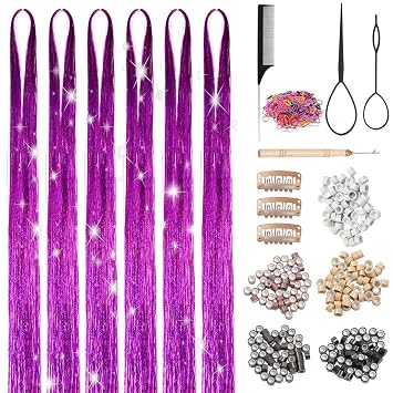 Hair Tinsel, Light Purple Hair Tinsel Kit for Girls, 1800 Strands | Fairy Tinsel Hair Extensions, Holographic Hair Tinsel, Heat Resistant Glitter Strands, Festival Party Accessories