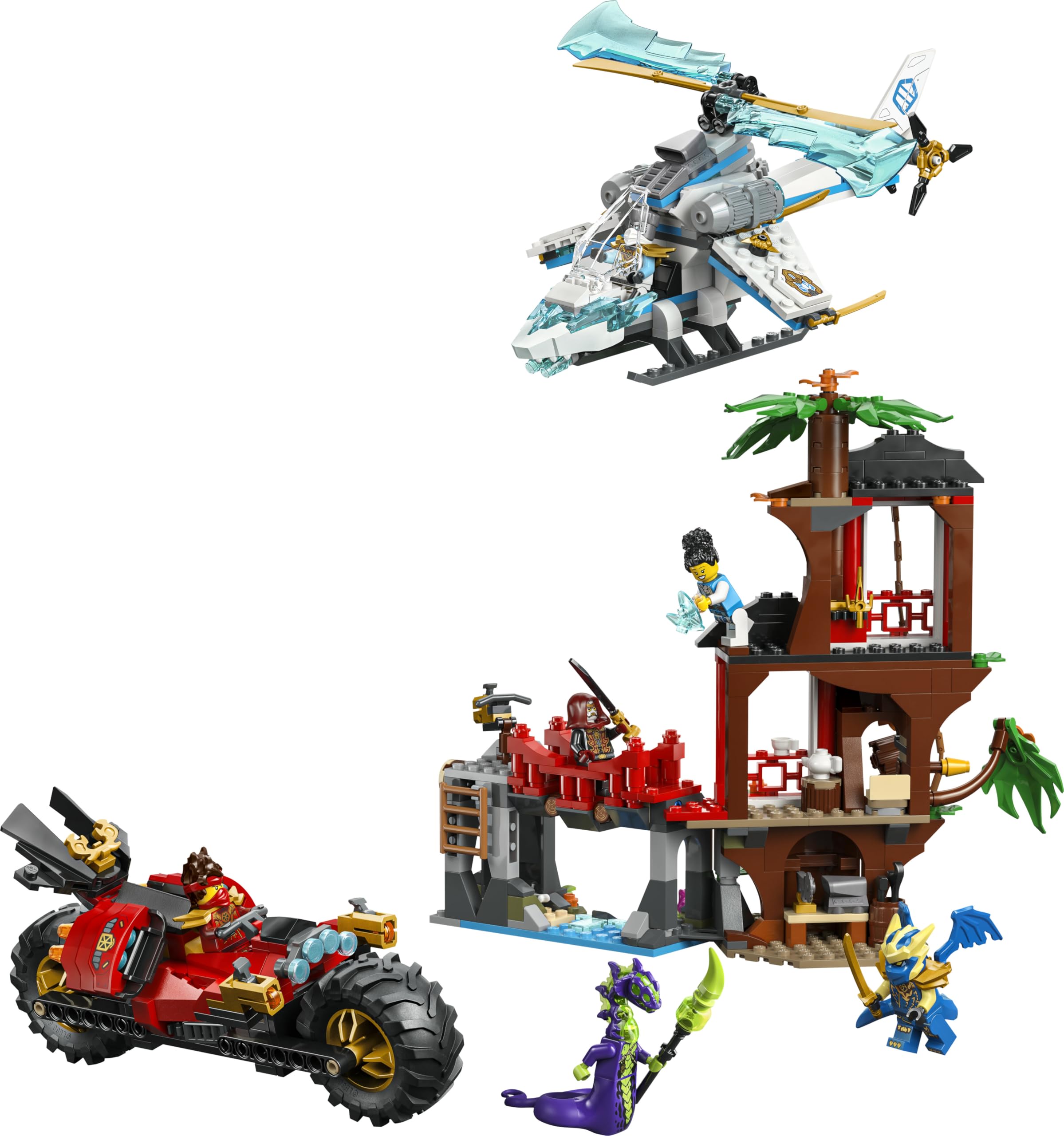 LEGO Ninjago Batalla de Vehículos Ninja Junto a la Casa del Árbol - Moto y Helicóptero de Juguete - Minifiguras de Acción con Armas Ninja - Regalo para Niños 7+ Años - 71857