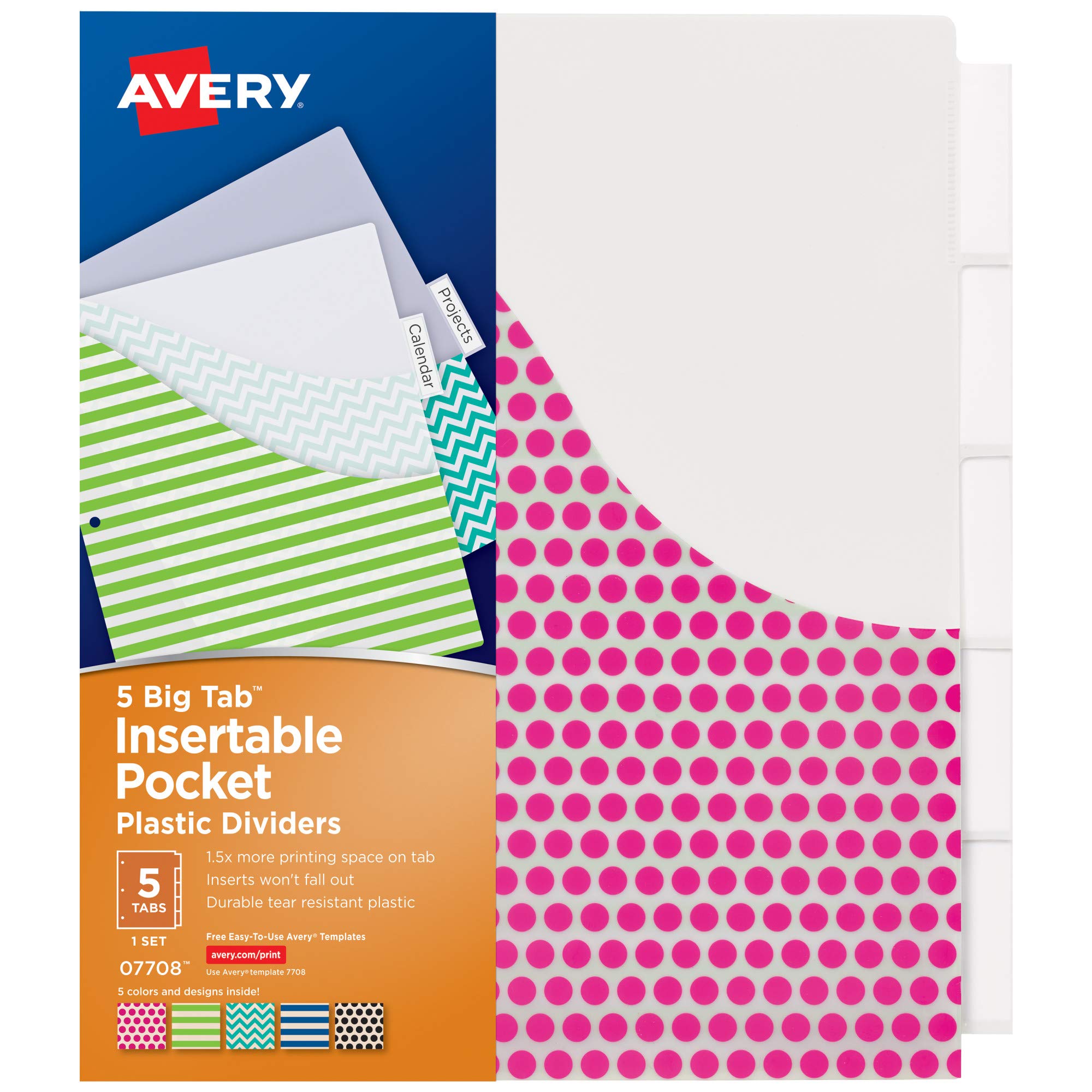 Avery5-Tab Plastic Binder Dividers with Pockets, Insertable Clear Big Tabs, Assorted Designs, 1 Set (7708)
