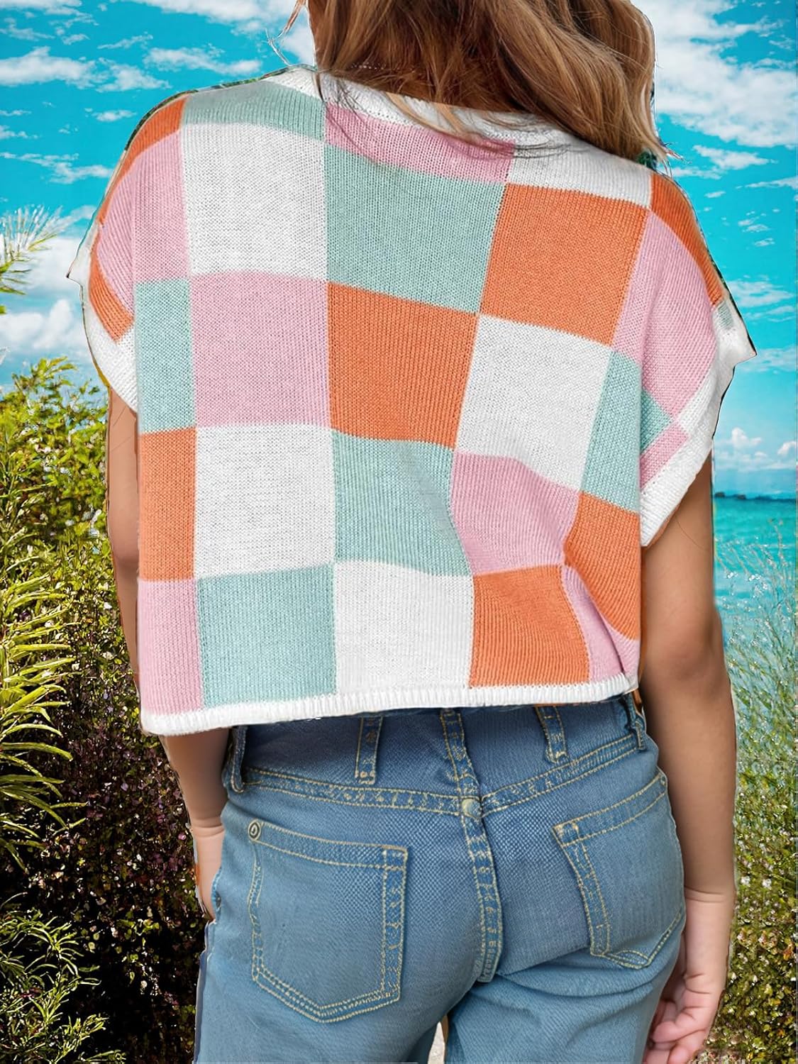 Girls Spring Sweaters Vest Crop Tops Color Block Cap Sleeve Crew Neck Casual Summer Trendy Knit Cute Shirts 7-14Y - Image 3