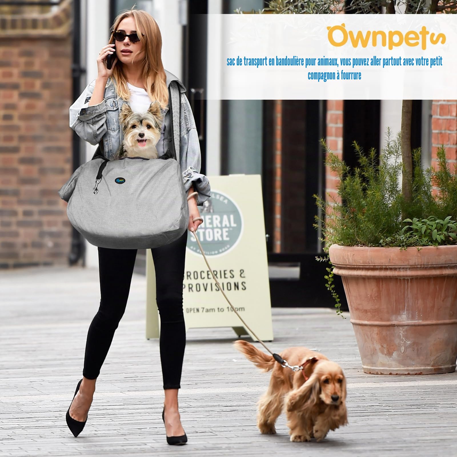 Ownpets Sac de Transport pour Chien jusqu'à 11 kg, écharpe de Transport pour Chien, Sac pour Chien avec bandoulière réglable et Poche Avant et épaulettes de Poche 30 cm Profondeur x 34,8 cm Large