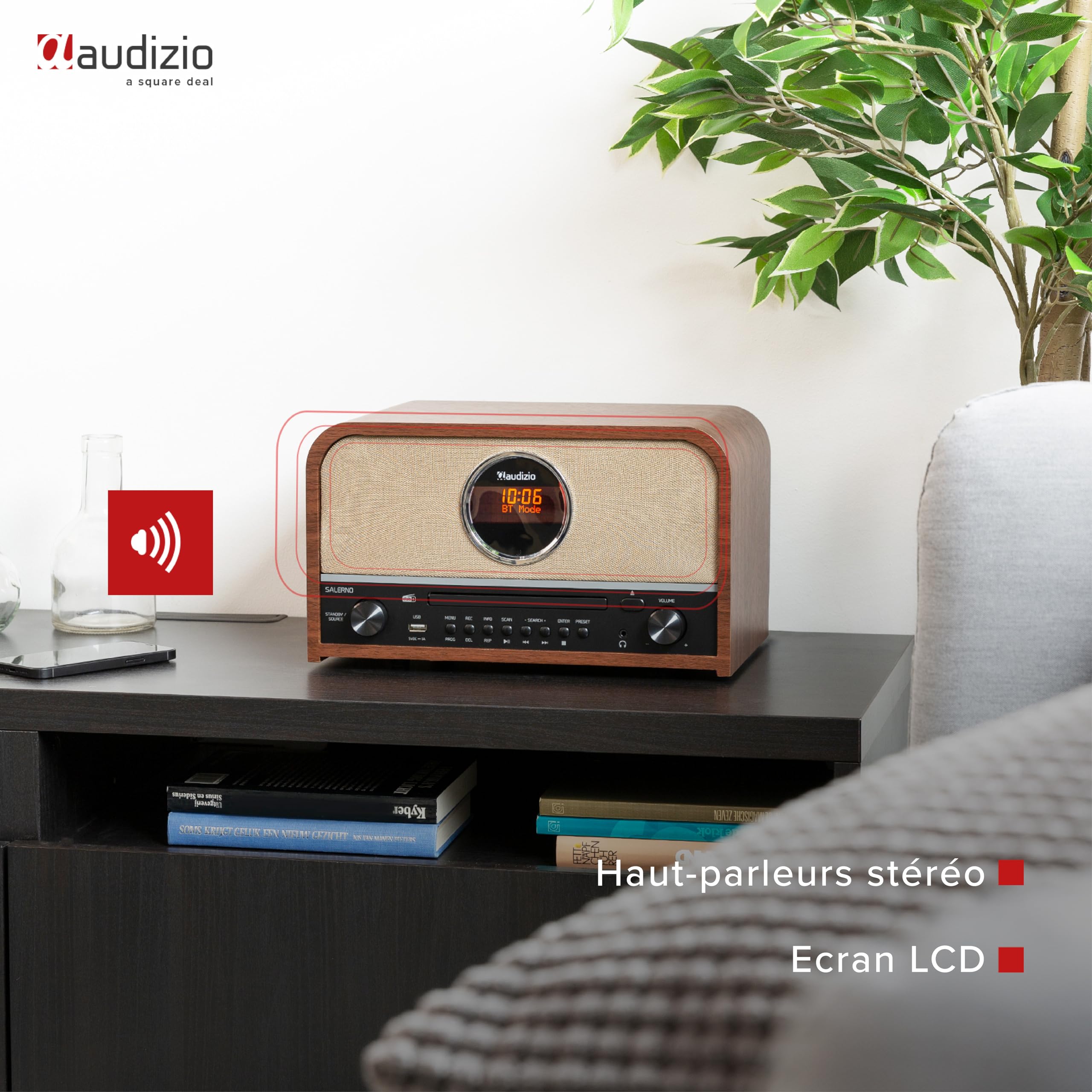 Audizio Salerno Radio Dab+ avec Lecteur CD - Bluetooth 5.0, Affichage LCD, Horloge et Minuterie, Sortie Casque, Télécommande Incluse, Idéal comme Objet de Décoration et pour Écouter la Radio