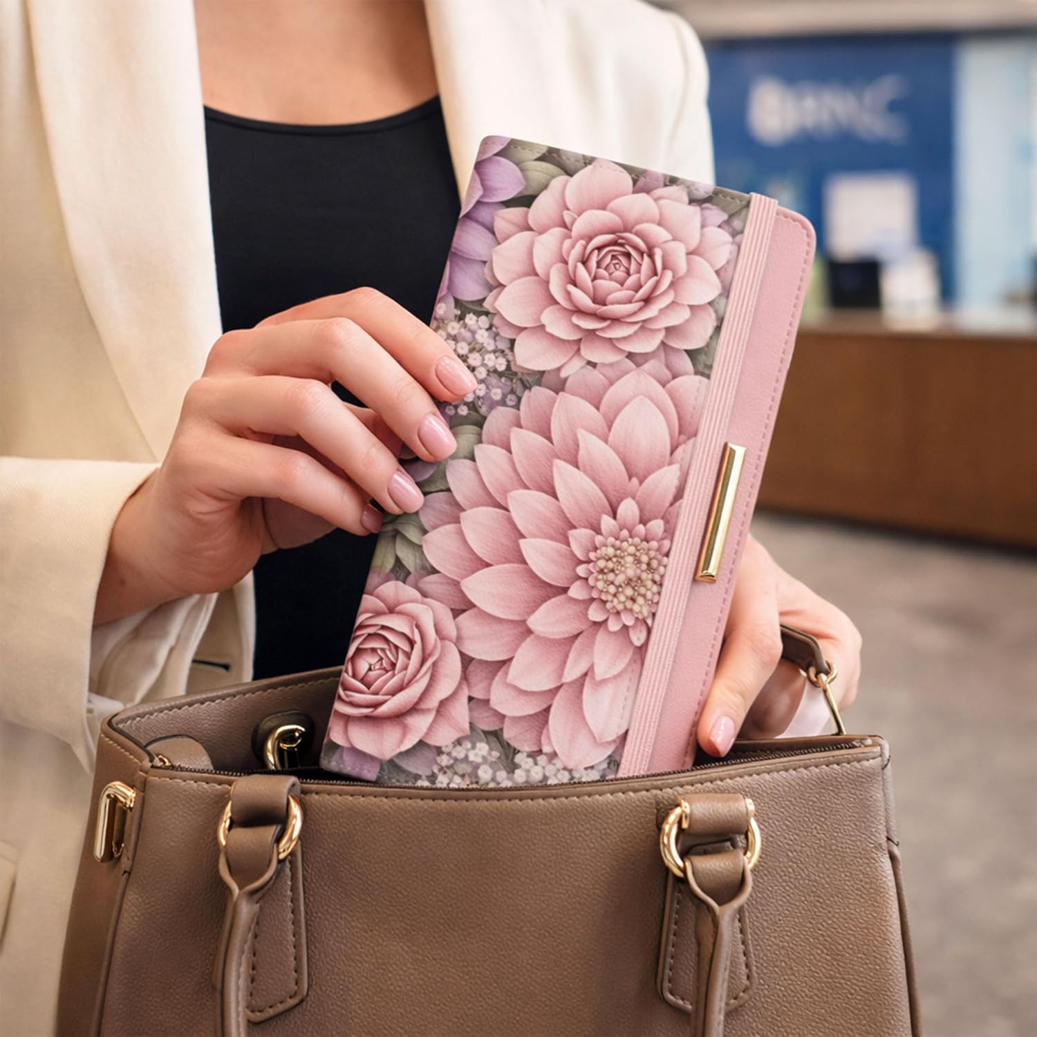 Checkbook Cover for Personal Checkbook with Pen Holder Imitation Leather Register Duplicate Checks Wallet Holder for Women Slim Design Unfolds for Home Office Finance (Flowers)