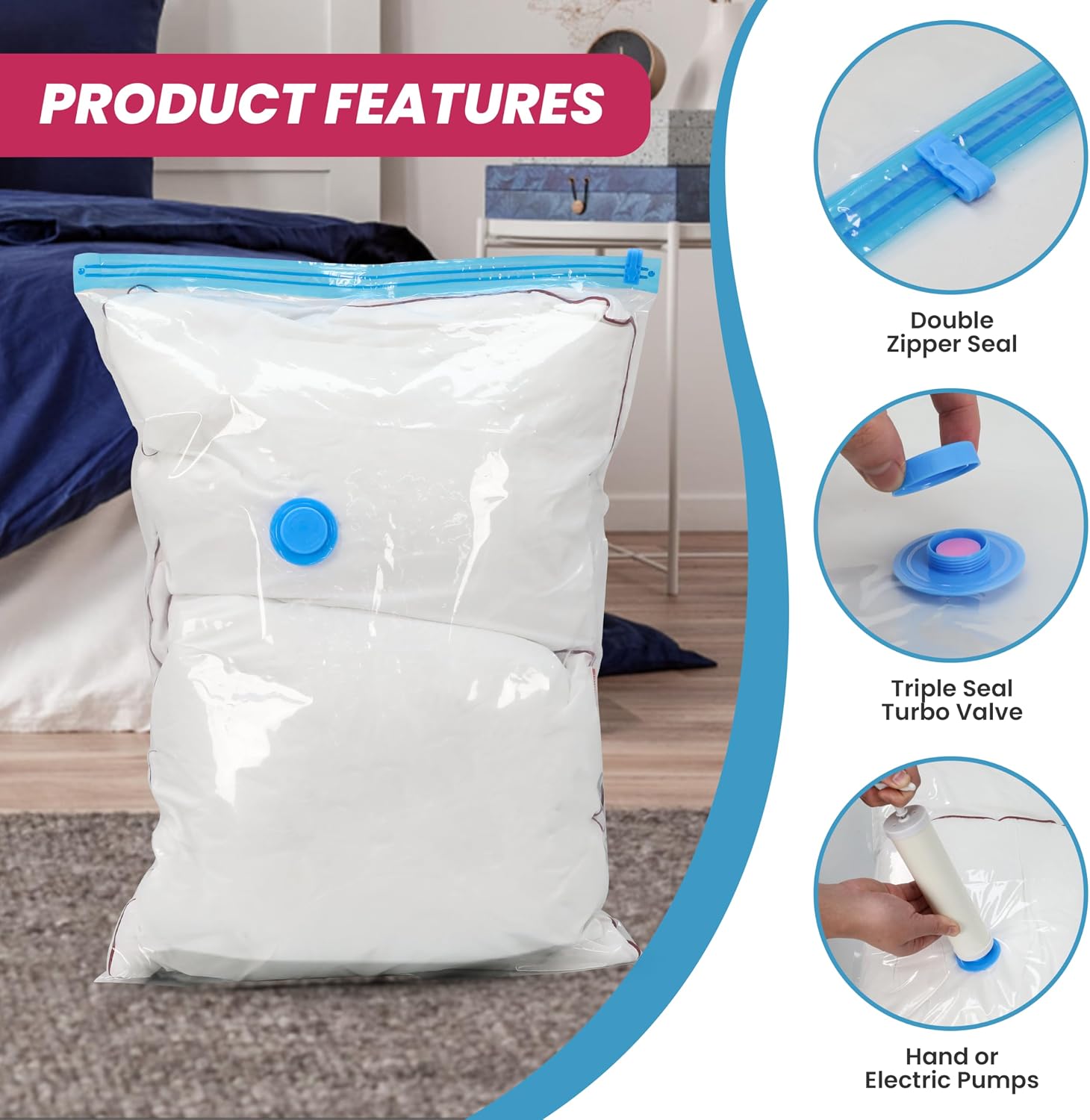 InfiniPower 25 Pack Vacuum Storage Bags, Space Saver Bags with Hand Pump, Vacuum Seal Bags for Clothing, Comforters, Blankets, Bedding, Pillows (5 Jumbo/5 Large/5 Medium/5 Small/5 Roll M)
