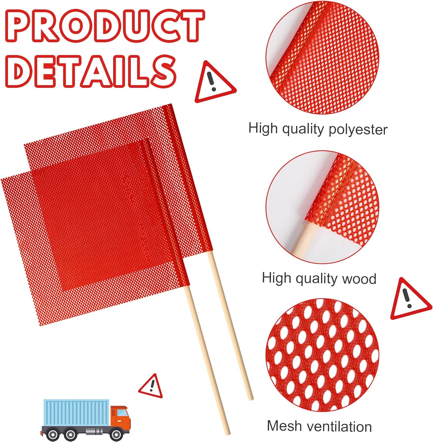Jecery 4 Packs 18 x 18 Inch Oversize Load Safety Flags Mesh Wide Load Warning Flags with 35.4 Inch Wooden Dowel for Trucks Trailer Transport and Pedestrian Crossings (Classic,Red)