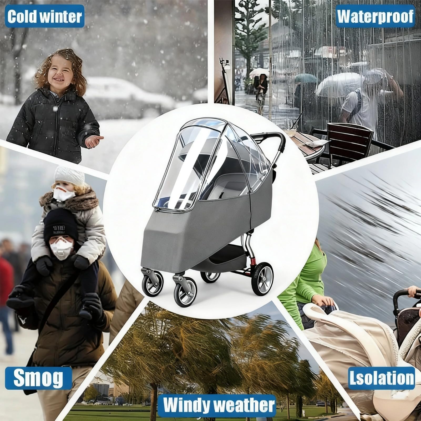 Housse de pluie pour poussette, accessoire universel, housse de pluie universelle résistante aux intempéries, coupe-vent, résistante au froid avec trous respirants pour la plupart des poussettes (gris