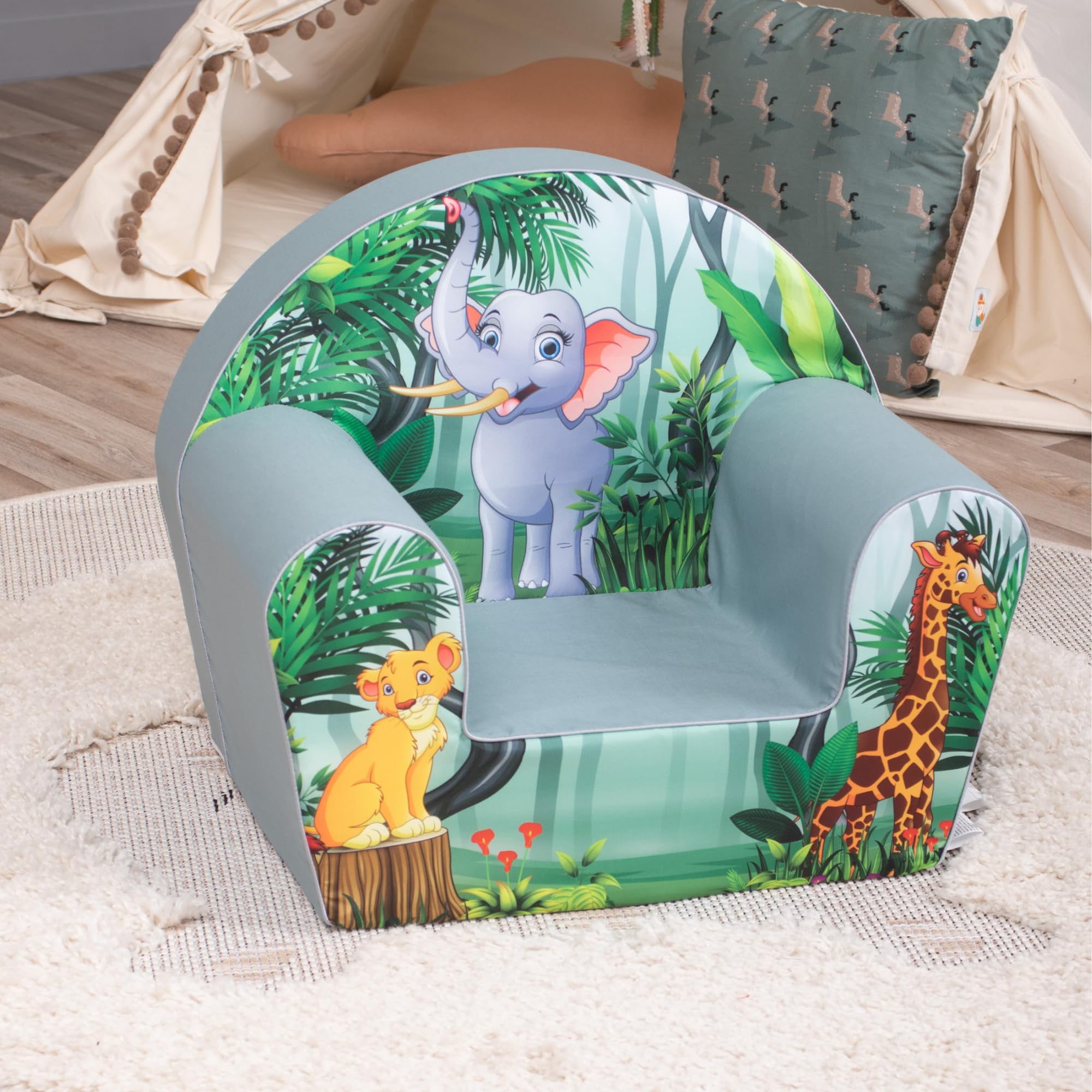 Fauteuil Enfant Animaux de la Jungle Rond, Housse Lavable | Pour chambre d'enfant, confortable et léger, rembourrage en mousse douce