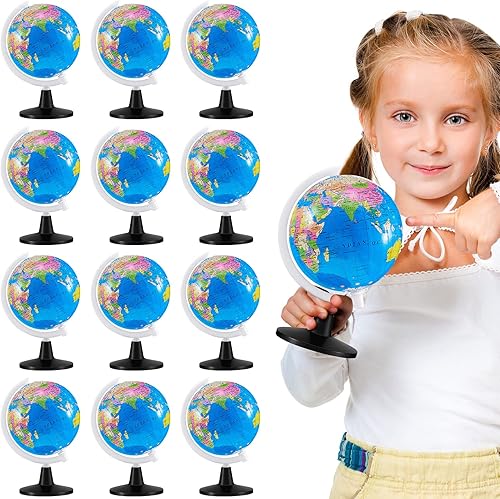 Henoyso 12 globos del mundo para niños de aprendizaje de 3.4 pulgadas, mini globo giratorio con soporte para escritorio educativo, aula, decoración