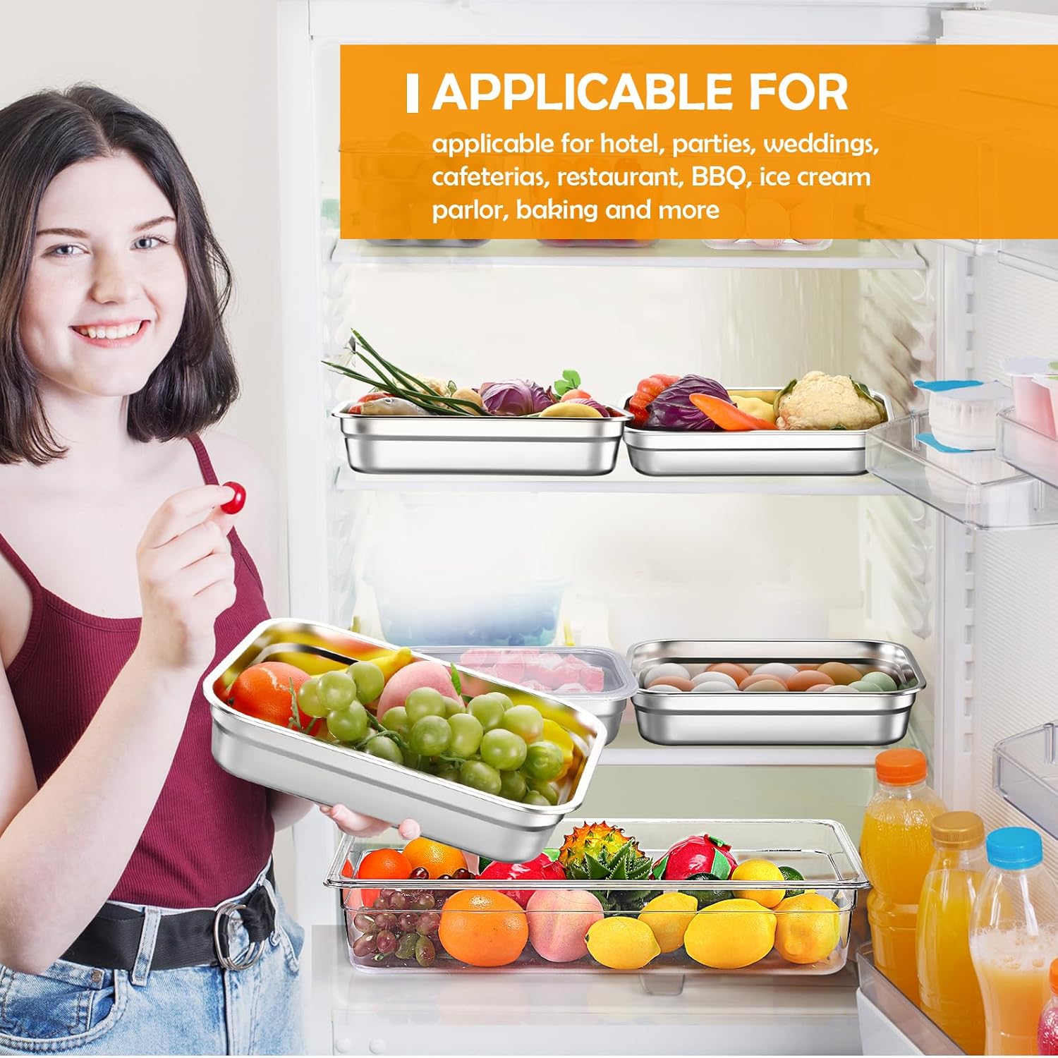 8 Pcs 304 Stainless Steel Food Storage Containers with Lids Hotel Pans Chicken Food Grade Pans Metal Meal Containers for Restaurant Stackable Kitchen Freezer Buffet (2.6 Inch Deep) - Image 6