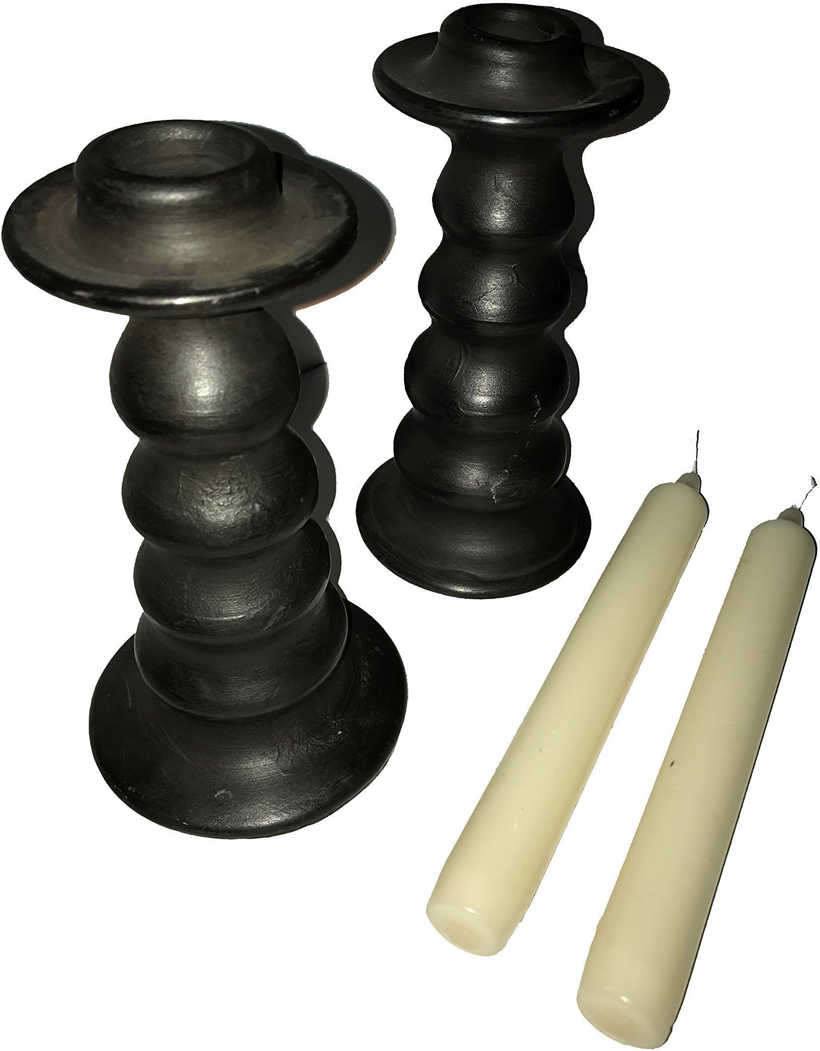 CB TRADING Candle Stick Holder Black Clay Handmade – set of 2 pcs - free gift: 2 candles
