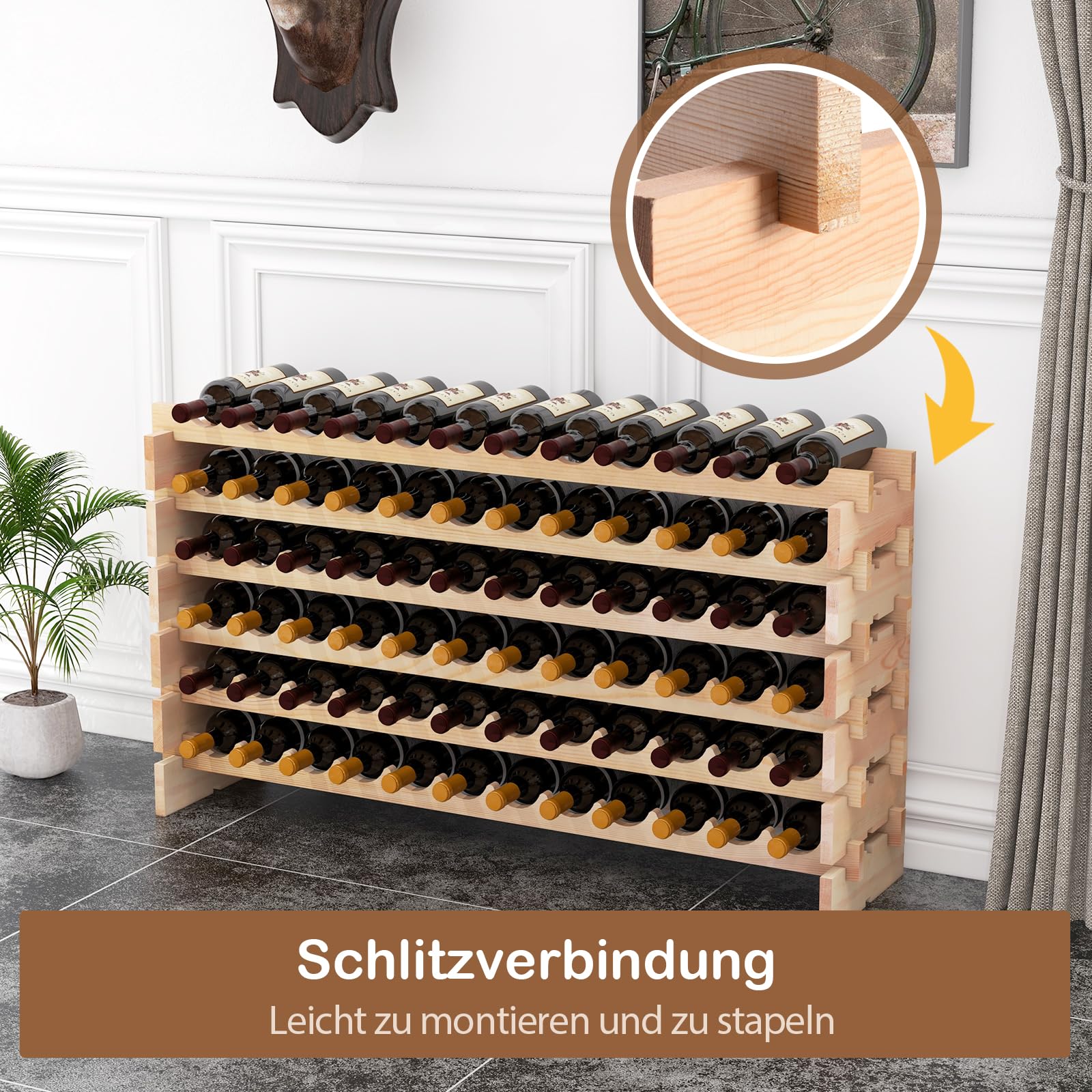 GIANTEX Weinregal Stapelbar Holz, Flaschenregal für 72 Flaschen, Weinschrank Weinständer mit 6 Ebenen, Flaschenständer Modular für Küche Bar, Holzregal 119 x 29 x 72 cm, Naturholzfarbe