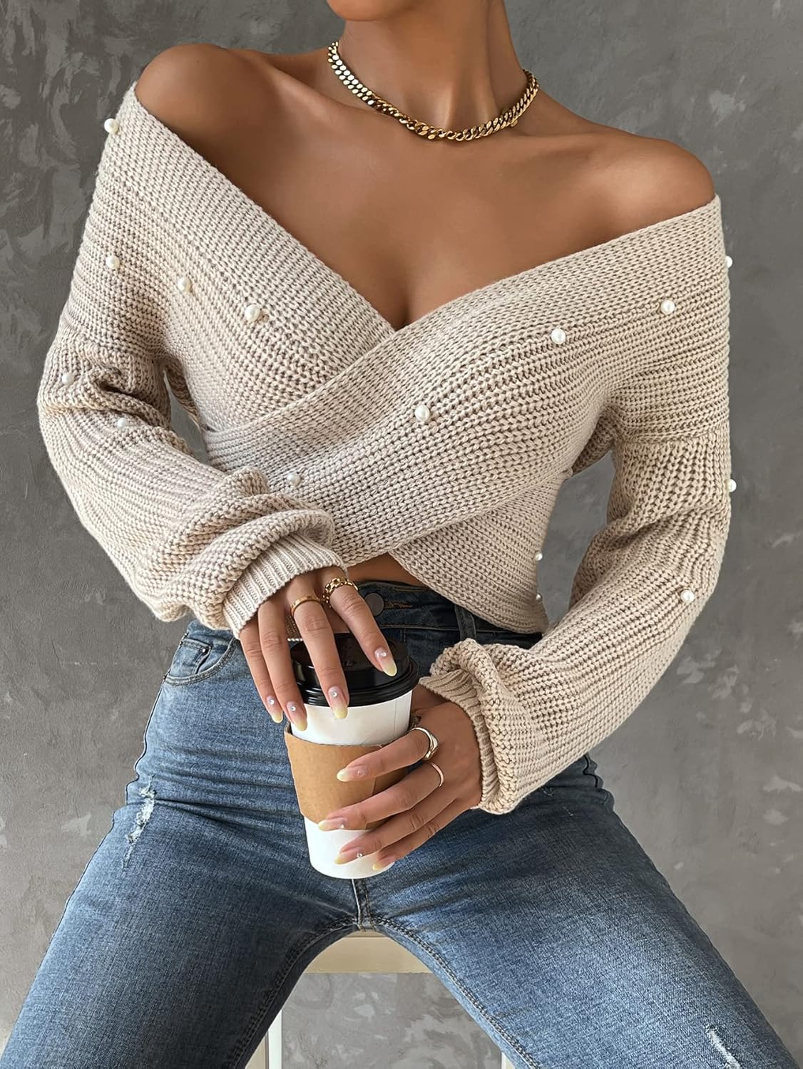 Women's Sweater Pearls Beaded Crossover Drop Shoulder Sweater Sweater for Women (Color : Khaki, Size : Medium)