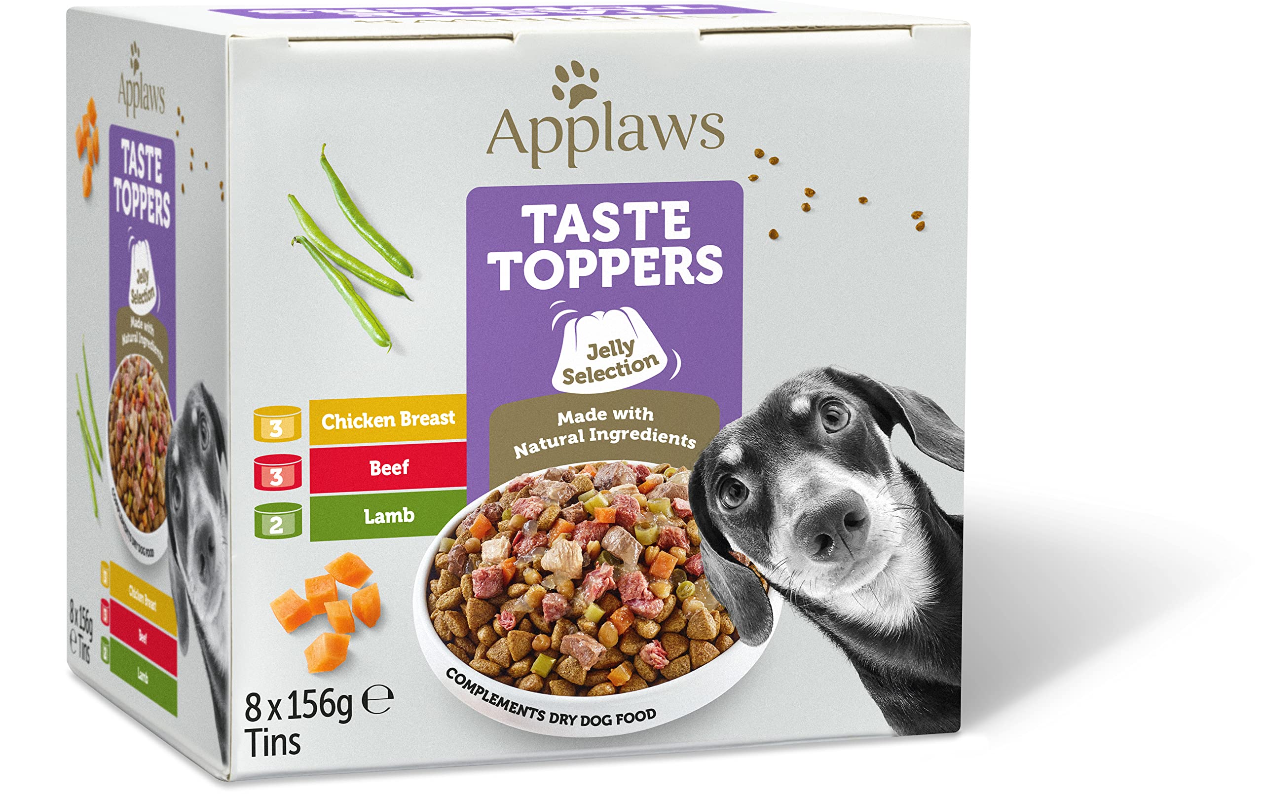 Applaws Complemento de Comida Húmeda para Perros Natural, Surtido de Carne sin Granos con Verduras en Gelatina, Paquete de 8 Latas de 156g