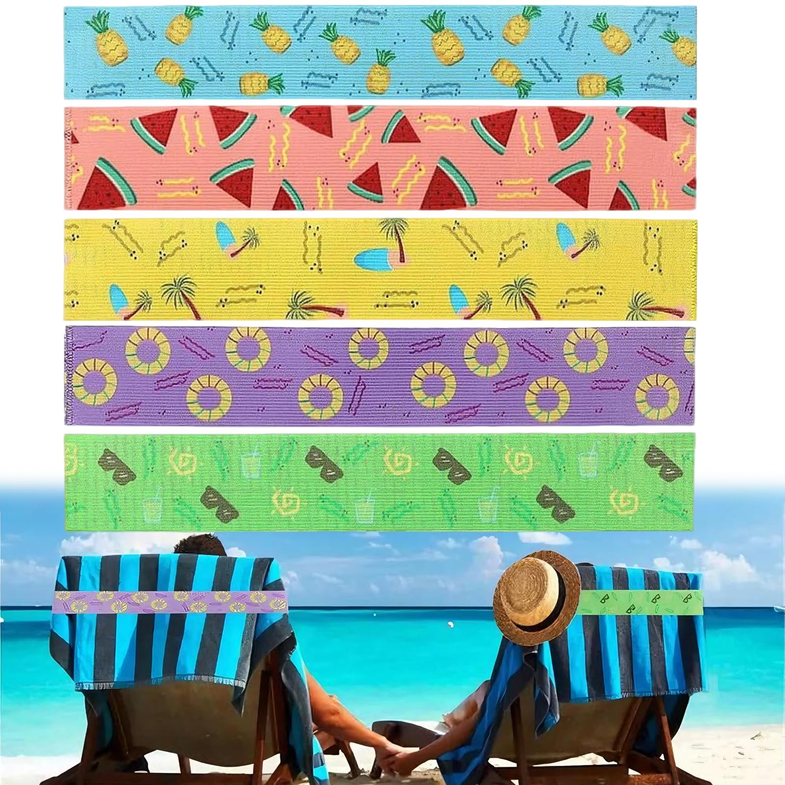 Terilamy Purple, Pink, Green, Blue, Yellow 5 Pcs Beach Towel Bands For Sun Loungers, Elastic Windproof Sunbed Straps, Non-Slip Towel Holders For Pool & Cruise Chairs, Stretchable Lightweight Accessories To Prevent Towels Blowing Away (30X5cm)