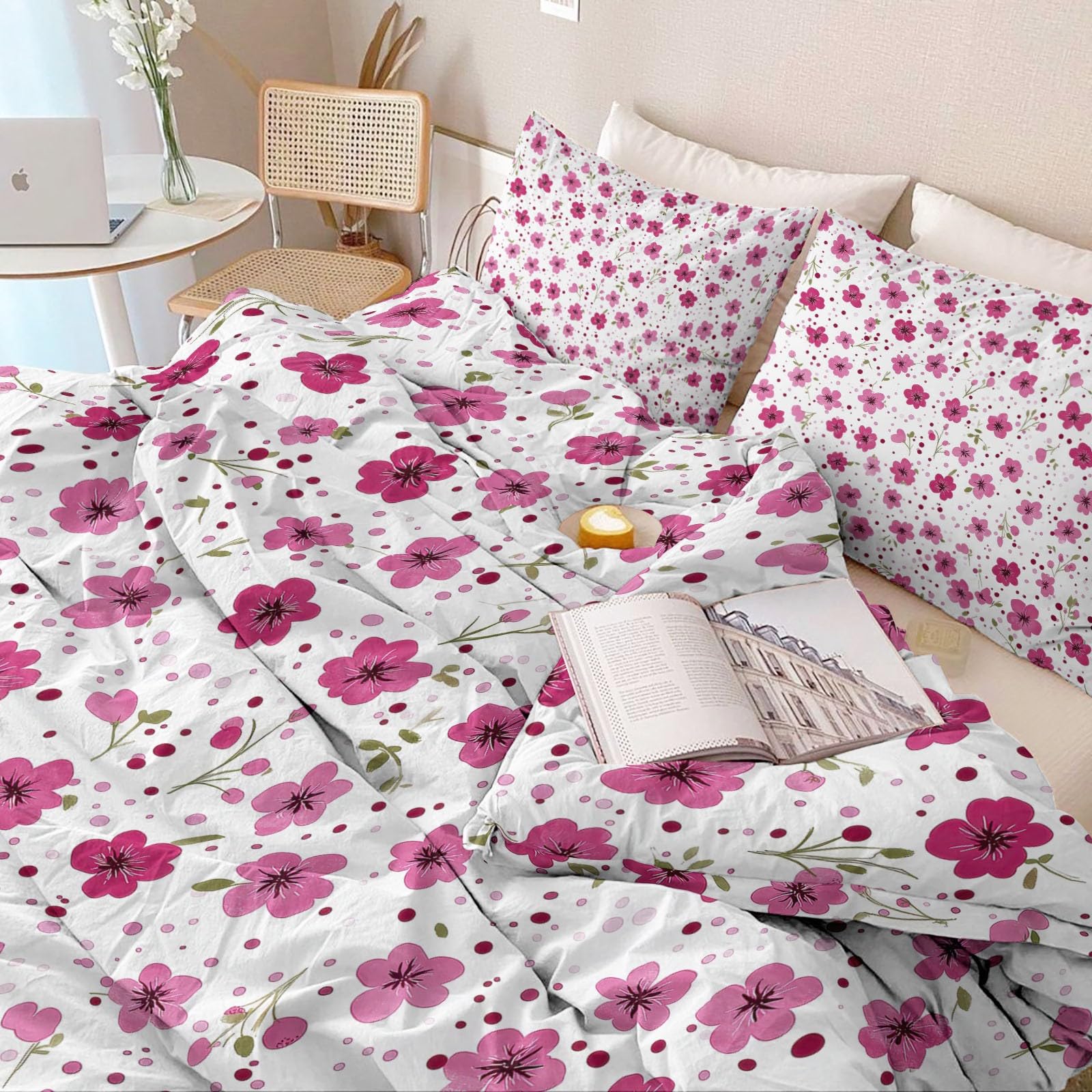 Biancheria da letto da 180 x 200 cm, motivo a pois floreali, rosa, traspirante, in morbida microfibra, stile coreano, per bambini, ragazzi e ragazze, con chiusura lampo e 2 federe