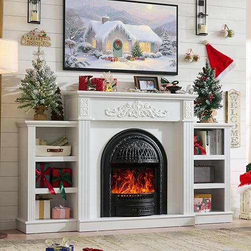 78" Electric Fireplace with Mantel, Electric Fireplaces TV Stand up to 90 Inch, Farmhouse White Fireplace Entertainment Center with Heater and Storage for Bedroom, Living Room