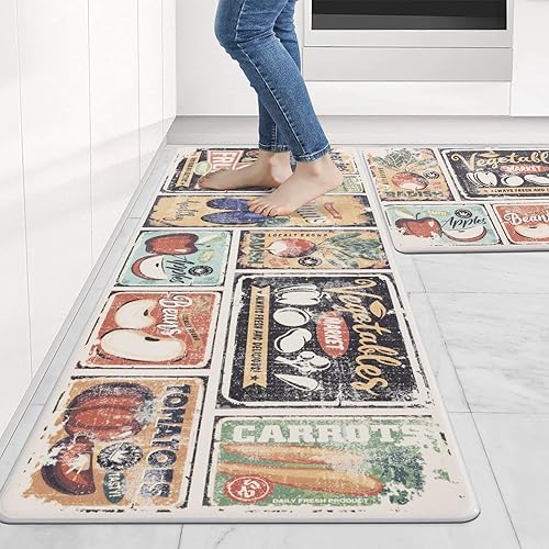 Carvapet Alfombrillas de cocina de 2 piezas, antifatiga, alfombras y tapetes de cocina de granja con frutas y verduras antideslizantes, acolchados,