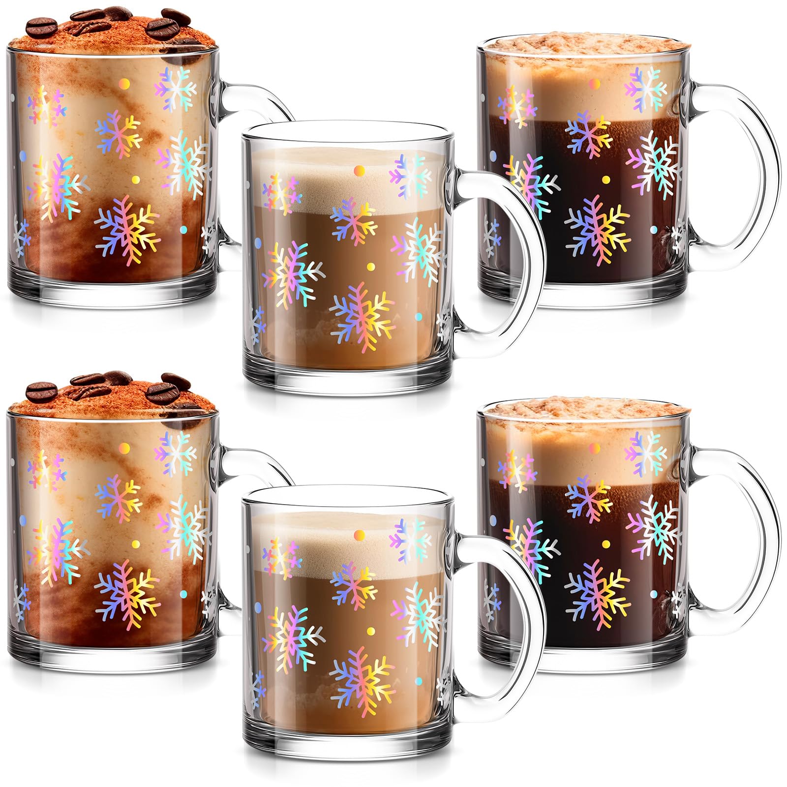 Maxcheck Kaffeetassen mit Schneeflocken-Motiv, Glasbecher, transparent, mit Griff, 340 ml, 6 Stück