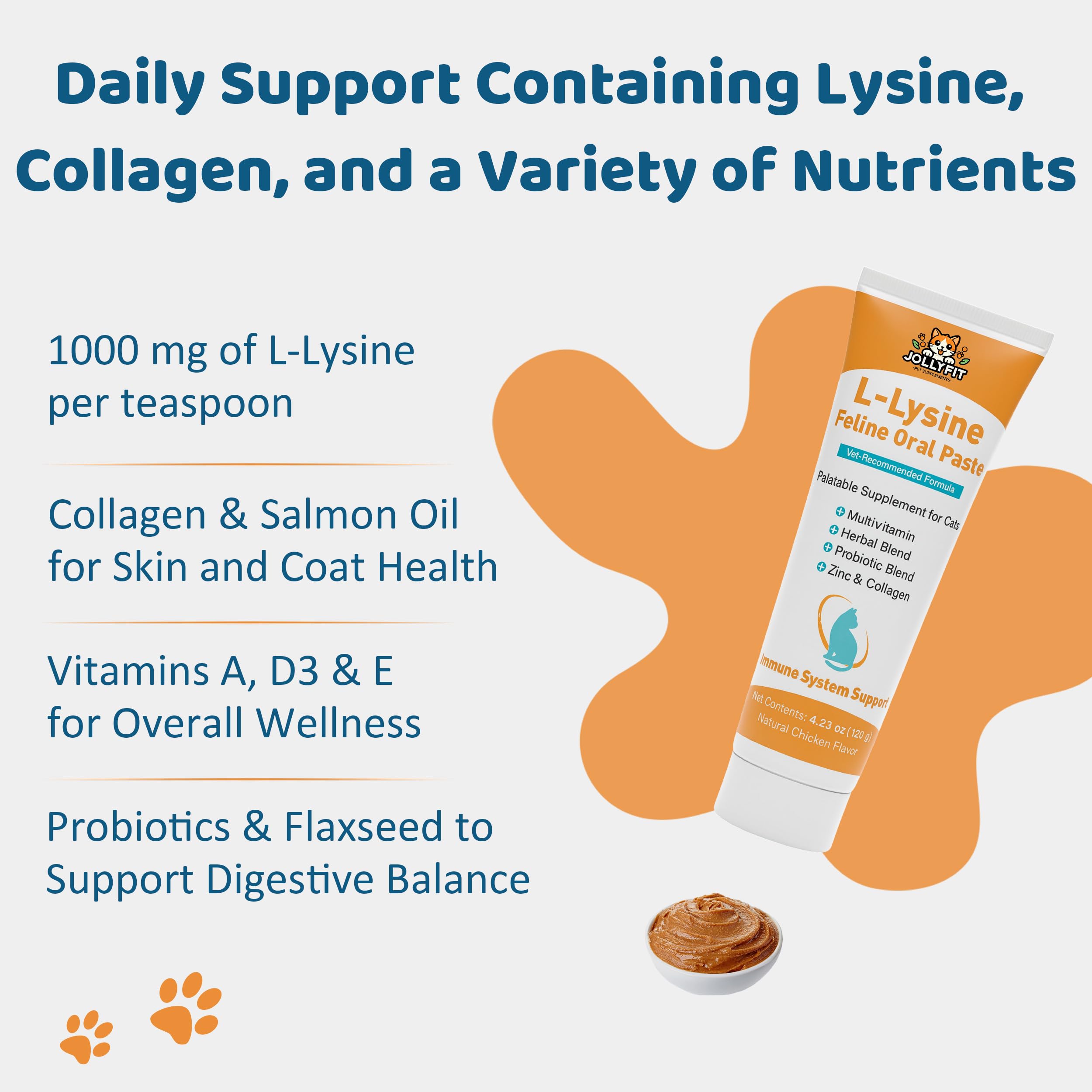 L-Lysine for Cats Oral Paste – Immune & Respiratory Support for Felines – with Collagen, Zinc, Multivitamins & Probiotics – Natural Chicken Flavor, 4.23 oz (Orange, 1 Pack) — Amazon image 3