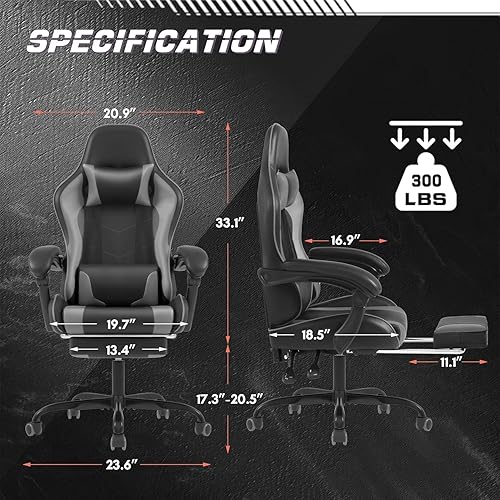 Miniatura 3 de Silla de juegos Shahoo con reposapiés y soporte lumbar de masaje, asiento de carreras de video ajustable en altura con giro de 360 y reposacabezas