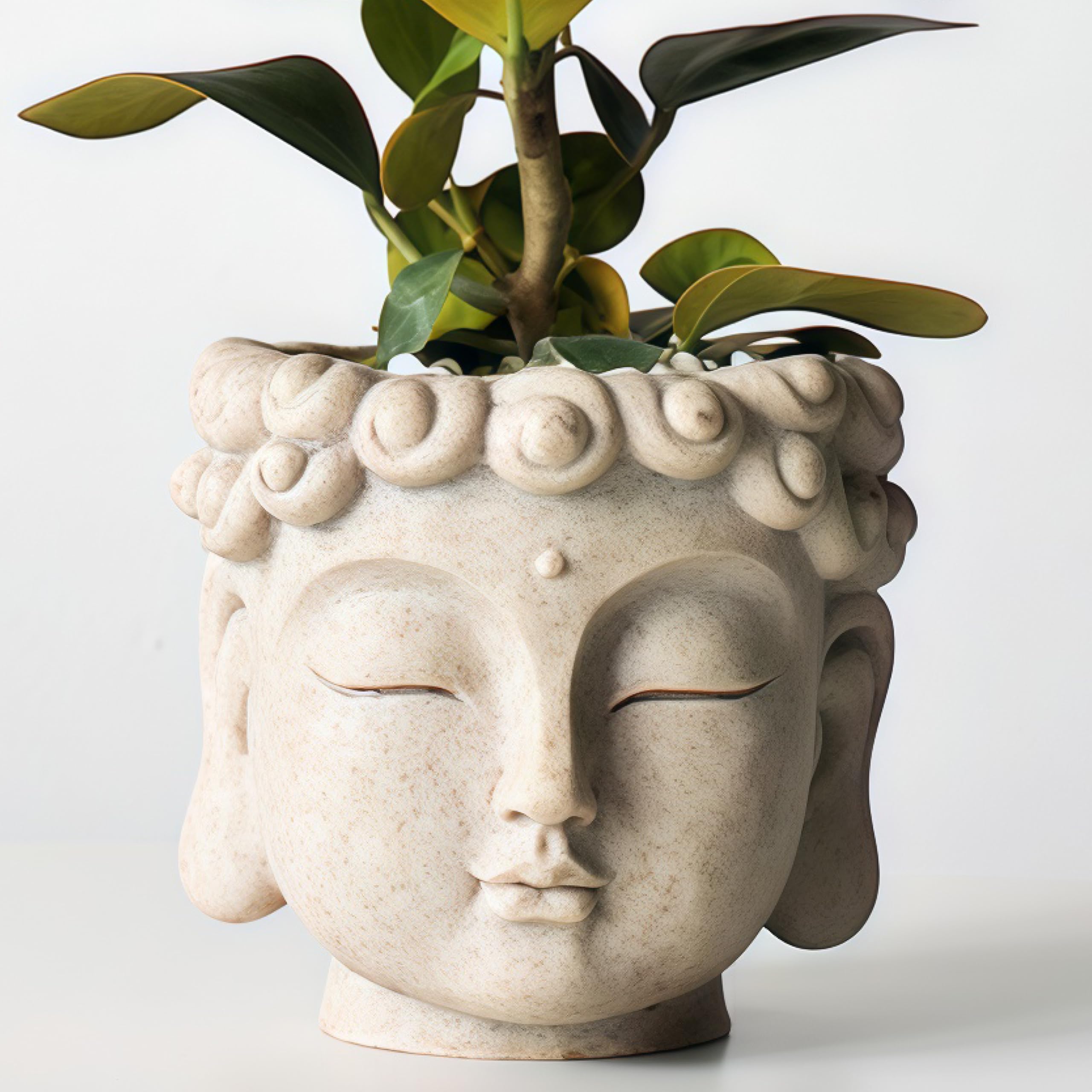 SYDDOL Buddha Head Plant Pot Stone Effect Resin Planter, Zen Garden Succulent Flower Pot, Oriental Meditation Home Decor, Indoor Outdoor Lightweight Eco-Friendly Plant Holder Gift for Yoga Lovers