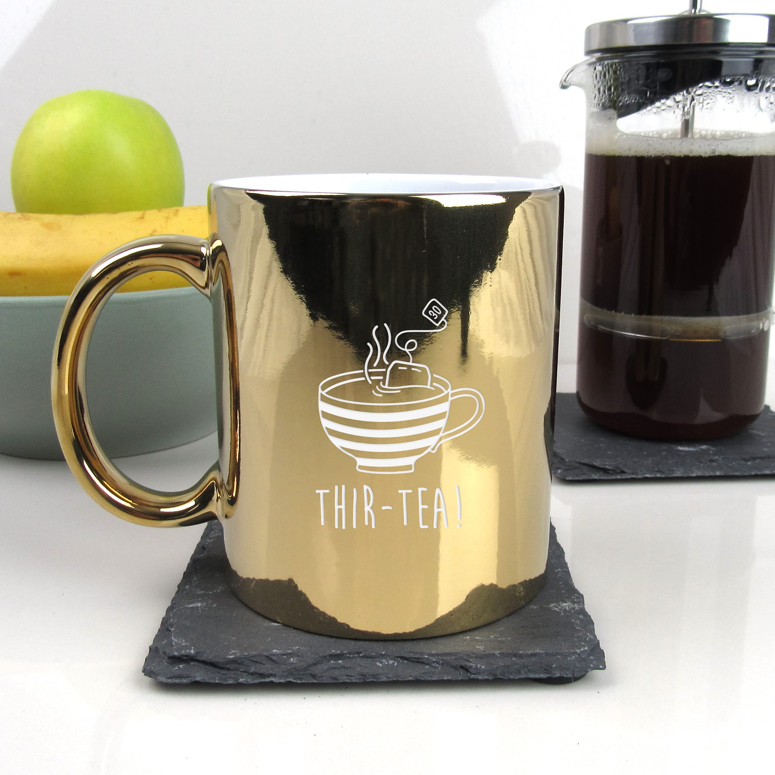 eBuyGB Engraved Metallic Shiny Gold Coffee Mug -THIR-Tea Design - 350ml Tea Cup, 30th Milestone Birthday Gifts for Men, Him - Thirtieth Gift for Friend, Brother, Son