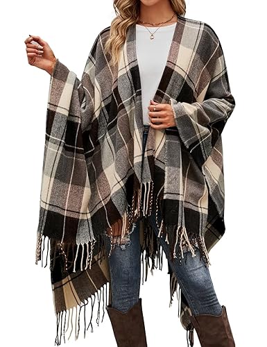 VIMPUNEC Women Boho Buffalo Plaid Poncho Pashmina Shawl Wrap Cape