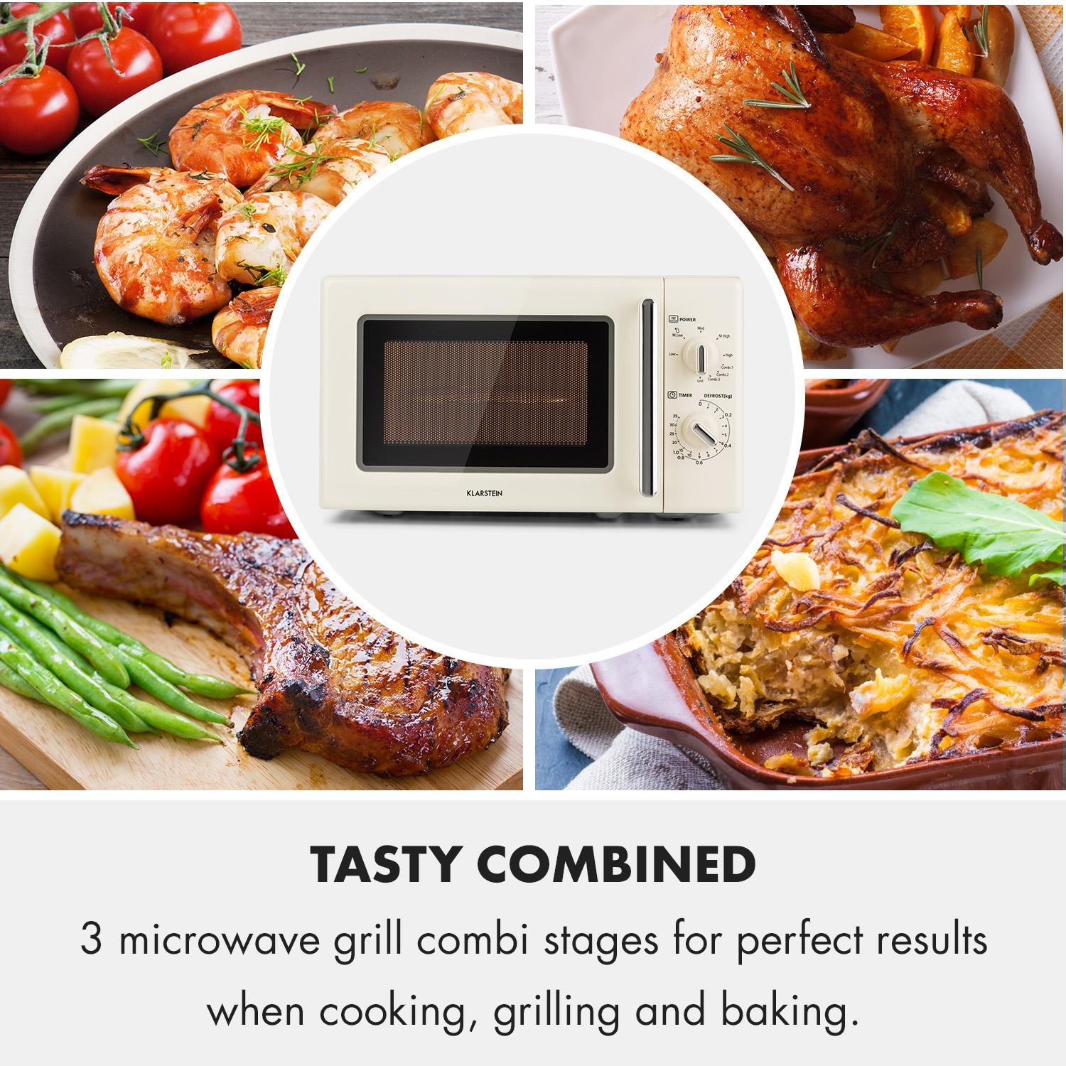 Klarstein Caroline Micro-ondes - Combiné Micro-ondes/Gril, Micro-ondes 2-en-1 fonction gril, 20L, 700/1000 W, QuickSelect, Design rétro, Inox, Crème