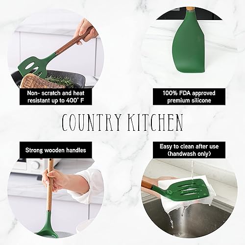 Miniatura 4 de Country Kitchen Utensilios de cocina de silicona, juego de utensilios de cocina de 8 piezas, utensilios de cocina de madera fáciles de limpiar,