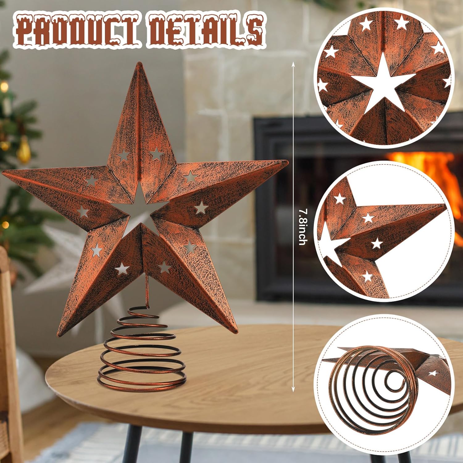 Halloscume Rustic Christmas Star Tree Topper 7.8 Inch Western Christmas Tree Topper Farmhouse Metal Hollow Star Xmas Trees Ornament for Holiday Barn Farmhouse Rustic Country Home Decoration