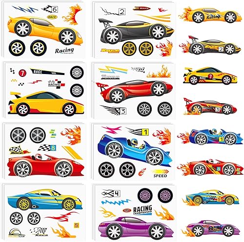 Zonon 48 hojas de calcomanías de auto de carreras para niños, calcomanías de fiesta temática de autos de carreras para niños, haz tu propio auto de
