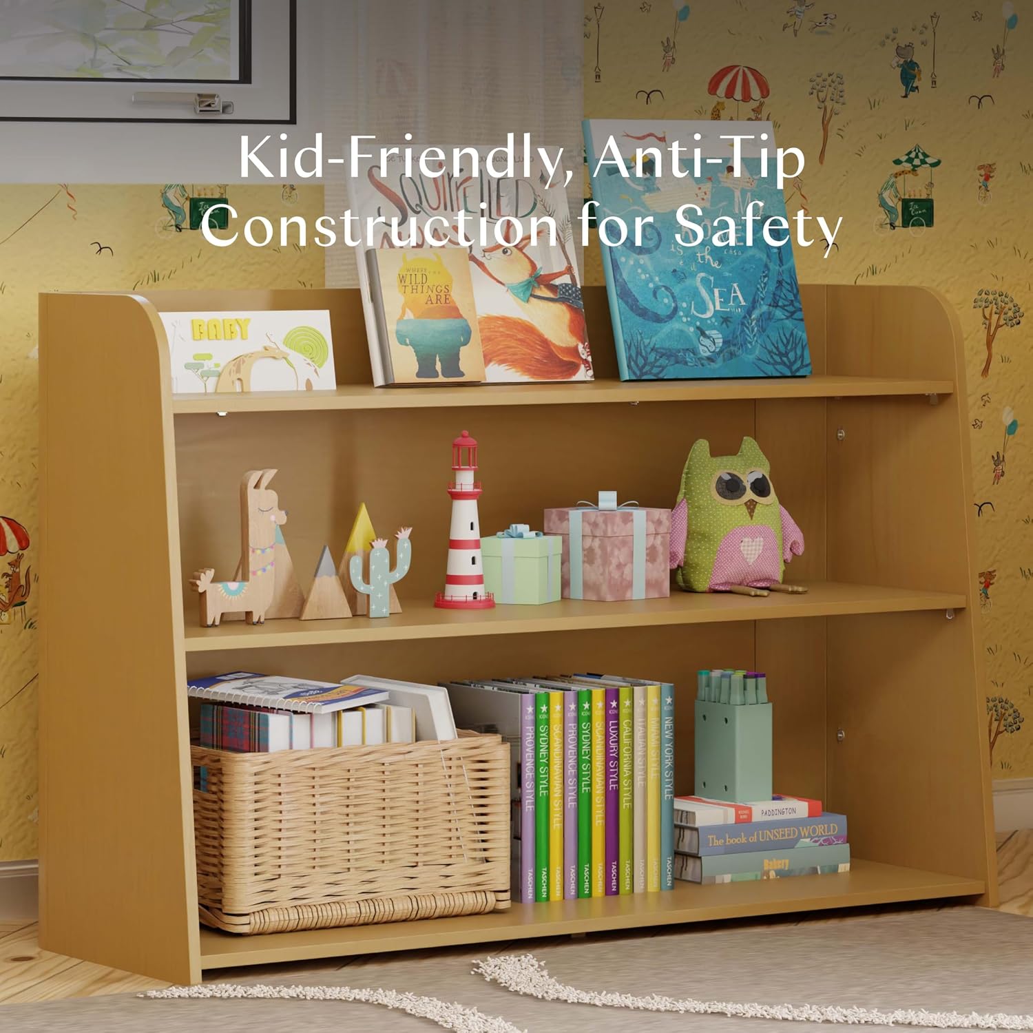 Babyletto Melo Montessori 3 Shelf Bookcase, GREENGUARD Gold Wood Bookshelf - Easy Assembly Book Case w/Wide Storage Shelves, Modern Wooden Book Shelf for Living Room, Bedroom, Office, Honey